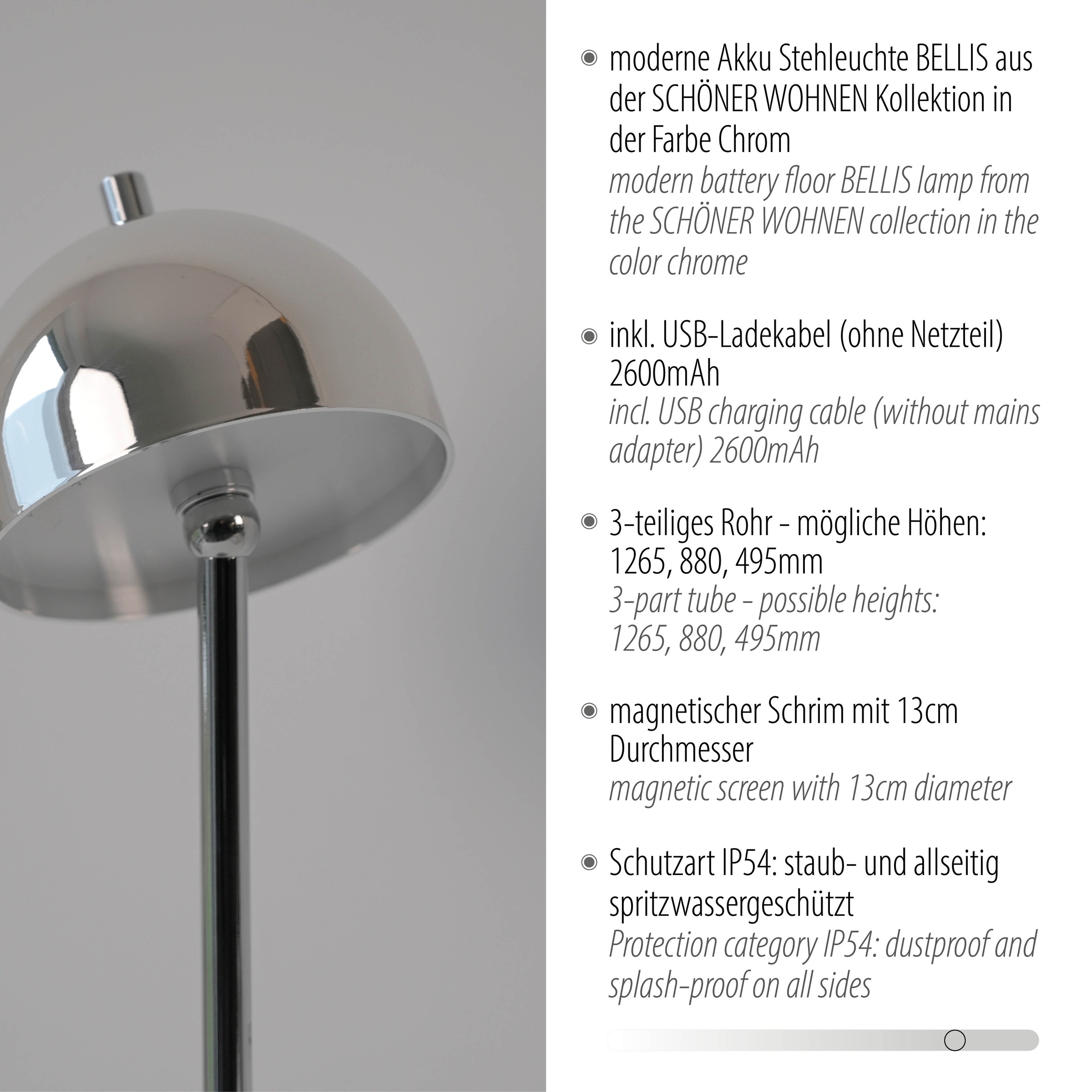 SCHÖNER WOHNEN-Kollektion LED Stehlampe »BELLIS« LED-Board 1 Stk. Warmweiß SCHÖNER WOHNEN Kollektion, Touchdimmer, Memoryfunktion, IP54, Akku