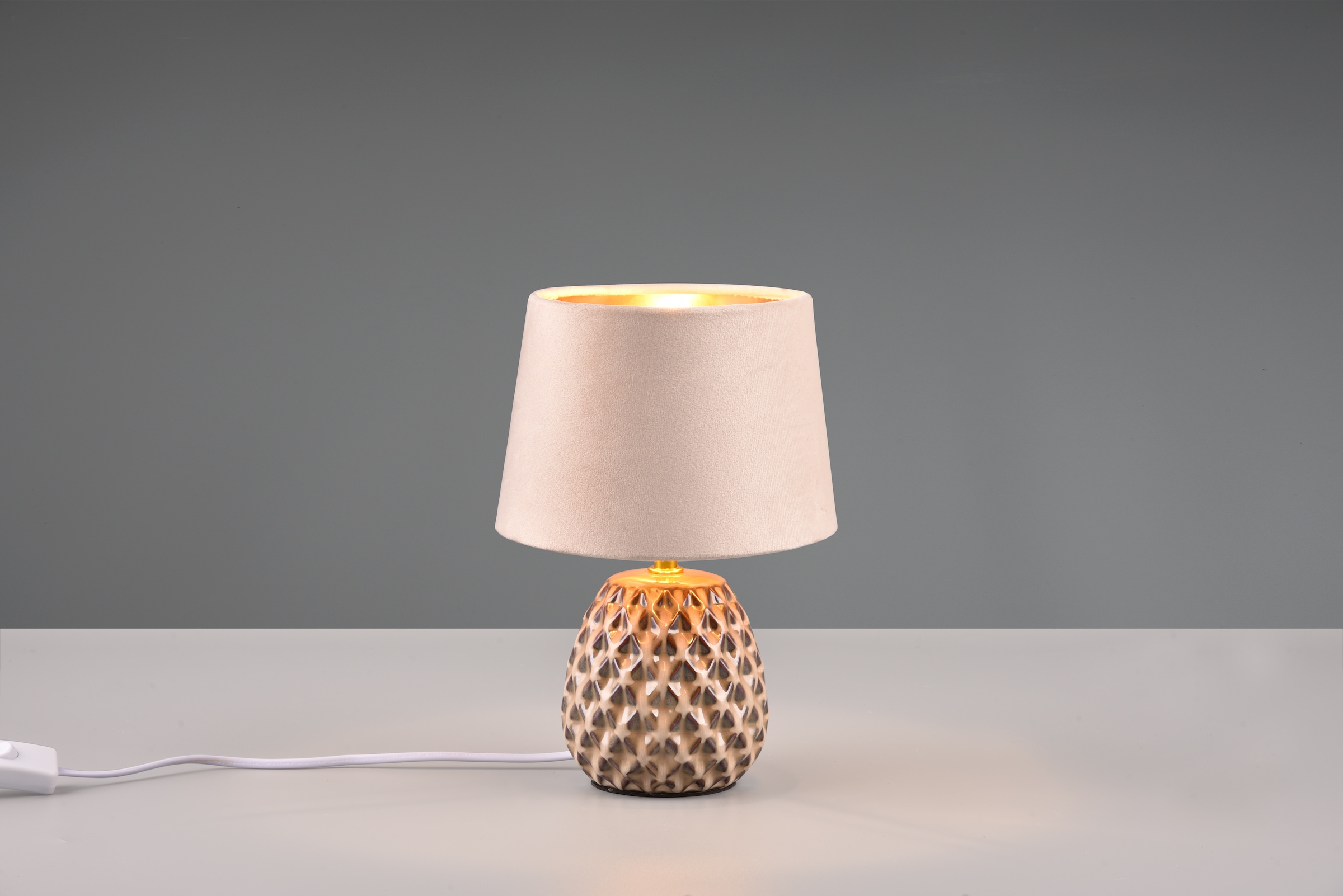 REALITY Leuchten Schreibtischlampe »ARIANA Tischleuchte exkl 1xE14 max40W Höhe 27cm Ø 18cm Nachttischlampe«, 1 flammig, Leuchtmittel E14 | Leuchtmittel wechselbar, Struktur Keramik Samt Schirm innen gold,Tischlampe mit Schnurschalter
