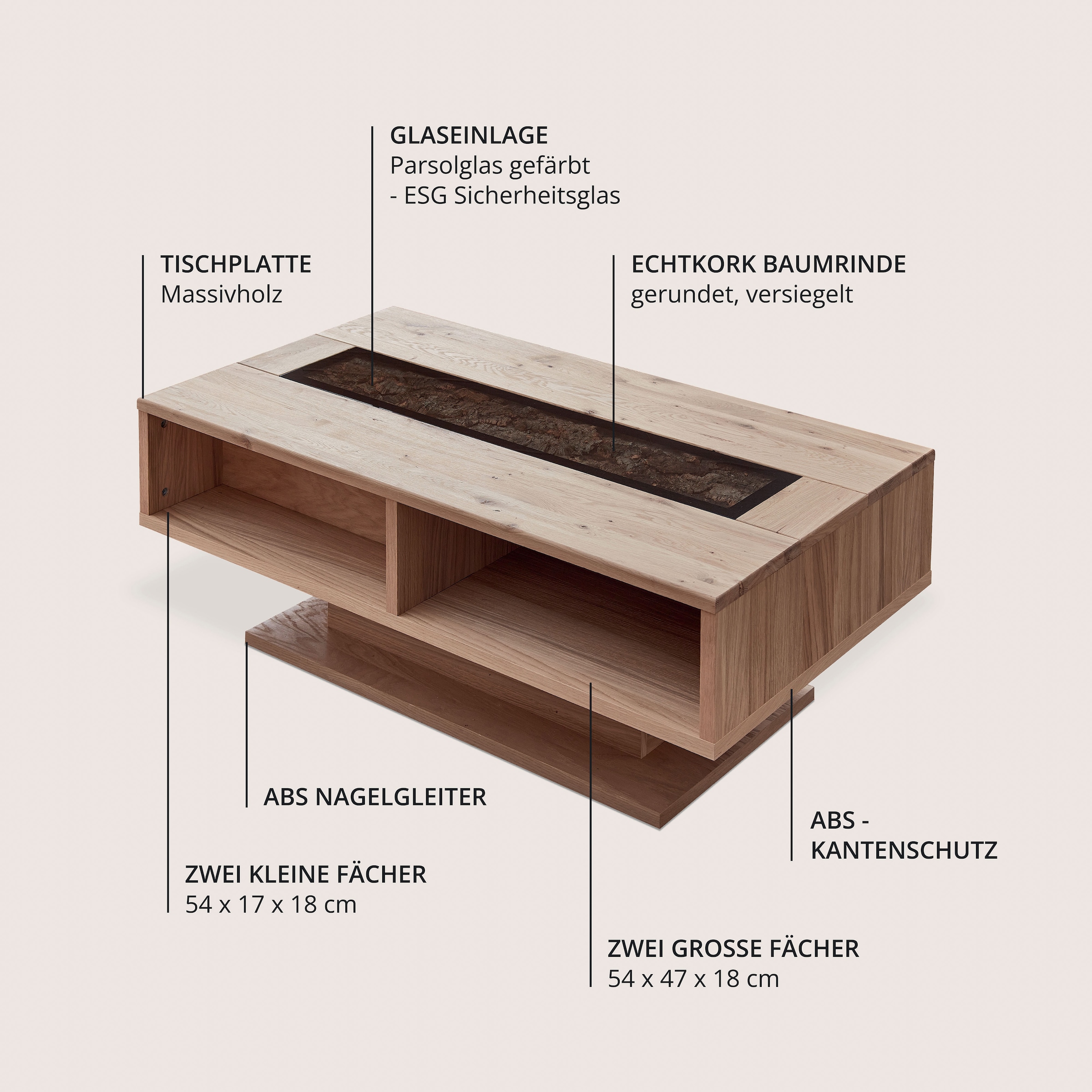 Wohnconcept Couchtisch »Donna Couchtisch, 115x43x65 (BxHxT)« 1 Stk. tlg. Massivholz, Absetzung Echtkork gerundet, 4 offene Fächer