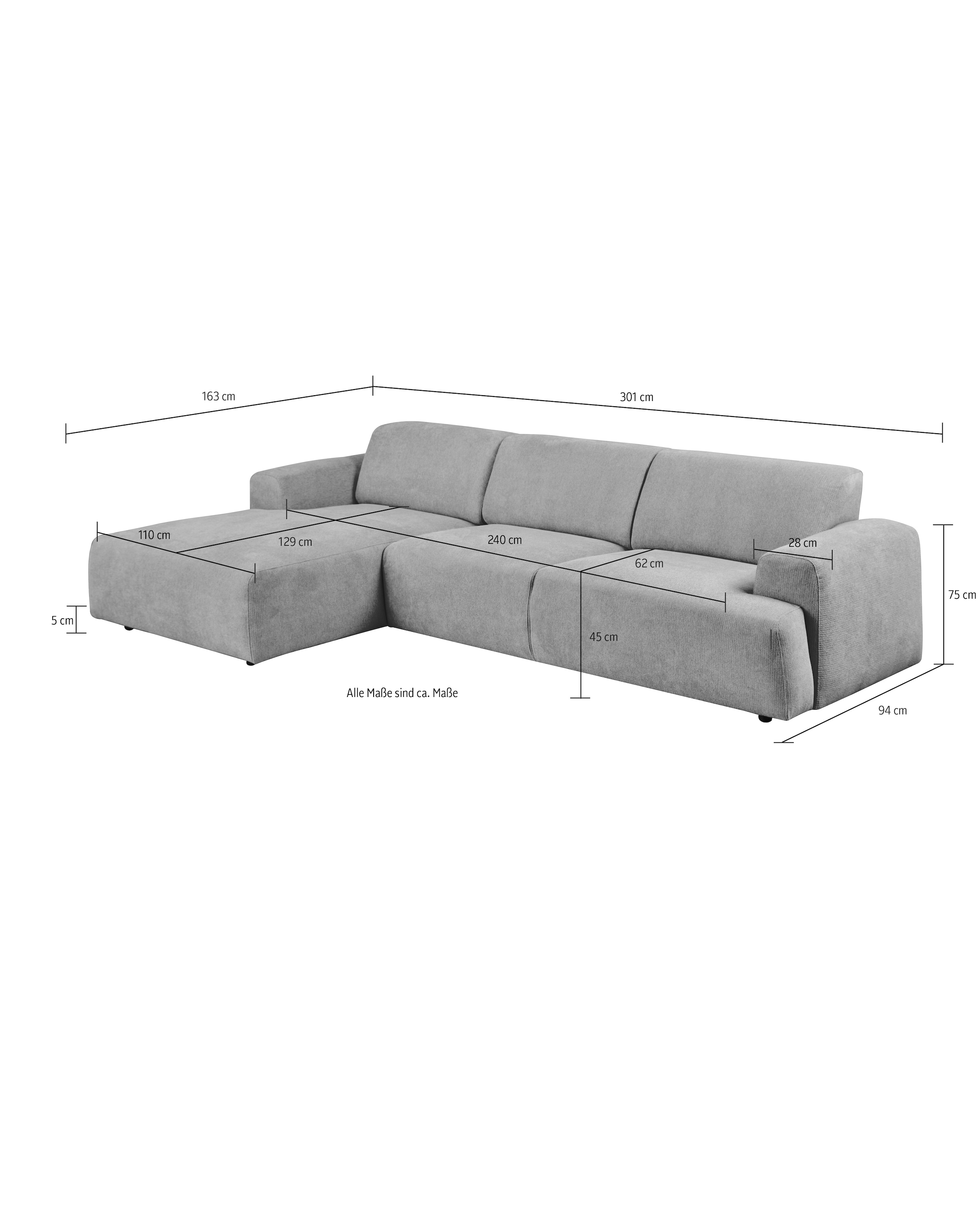 andas Ecksofa »Linkka, Breite 301 cm«, L-Form, in einem weichen Chenille-Stoff, mit Wellenunterfederung