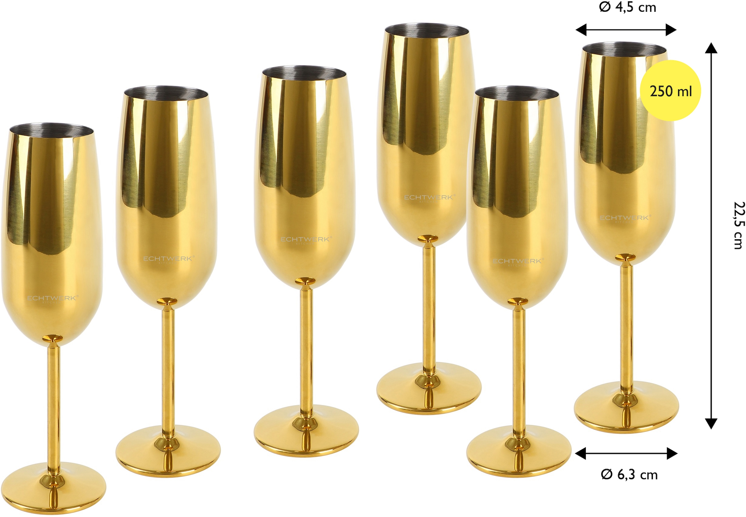 ECHTWERK Champagnerglas, (Set, 6 tlg.), Sektglas, Sektkelch, Champagnerkelch, bruchsicher, 250 ml