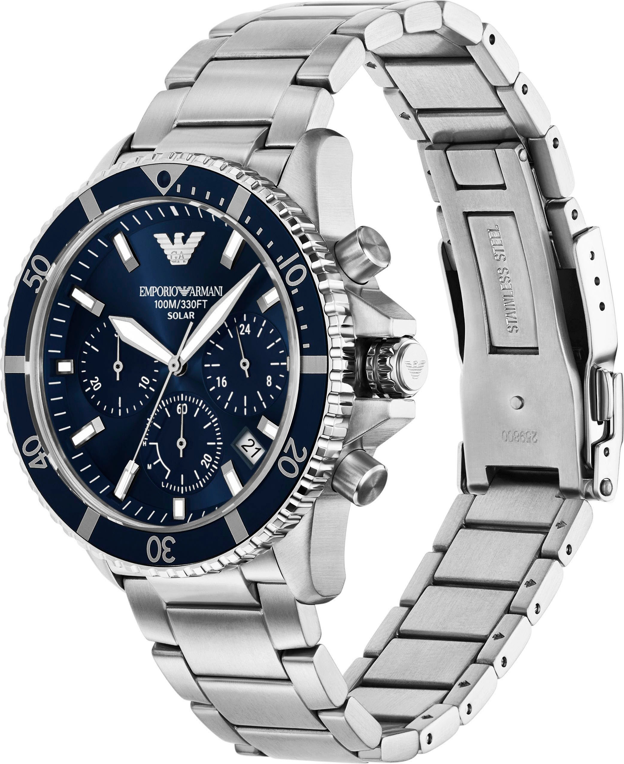 Emporio Armani Chronograph, Armbanduhr, Solar, Herrenuhr, Edelstahlarmband, analog, Tag