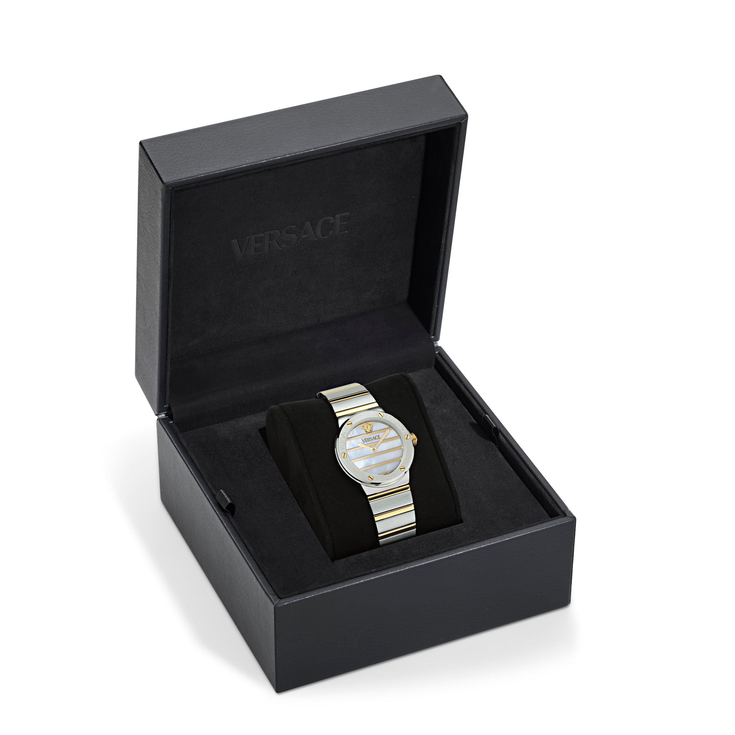 Versace Quarzuhr »GRECA LOGO PEARL« Armbanduhr, Damenuhr, Swiss Made, Edelstahlarmband, analog