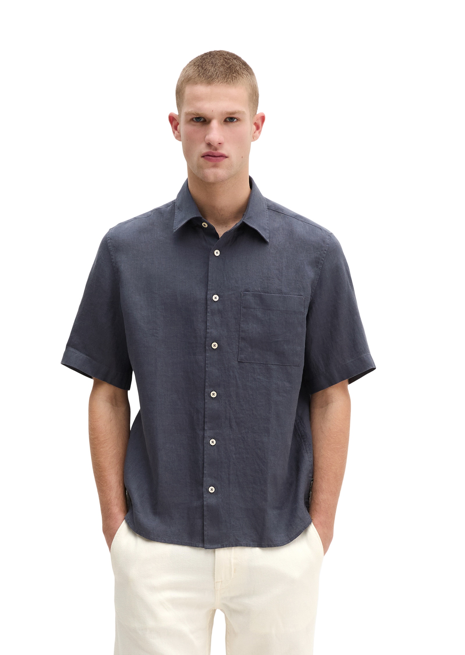 Kurzarmhemd MARC O'POLO "aus reinem Leinen", Herren, Gr. M, Normalgrößen, faded blau, Obermaterial: 100% Leinen, unifarben, regular fit normal, normaler Saum, Hemden