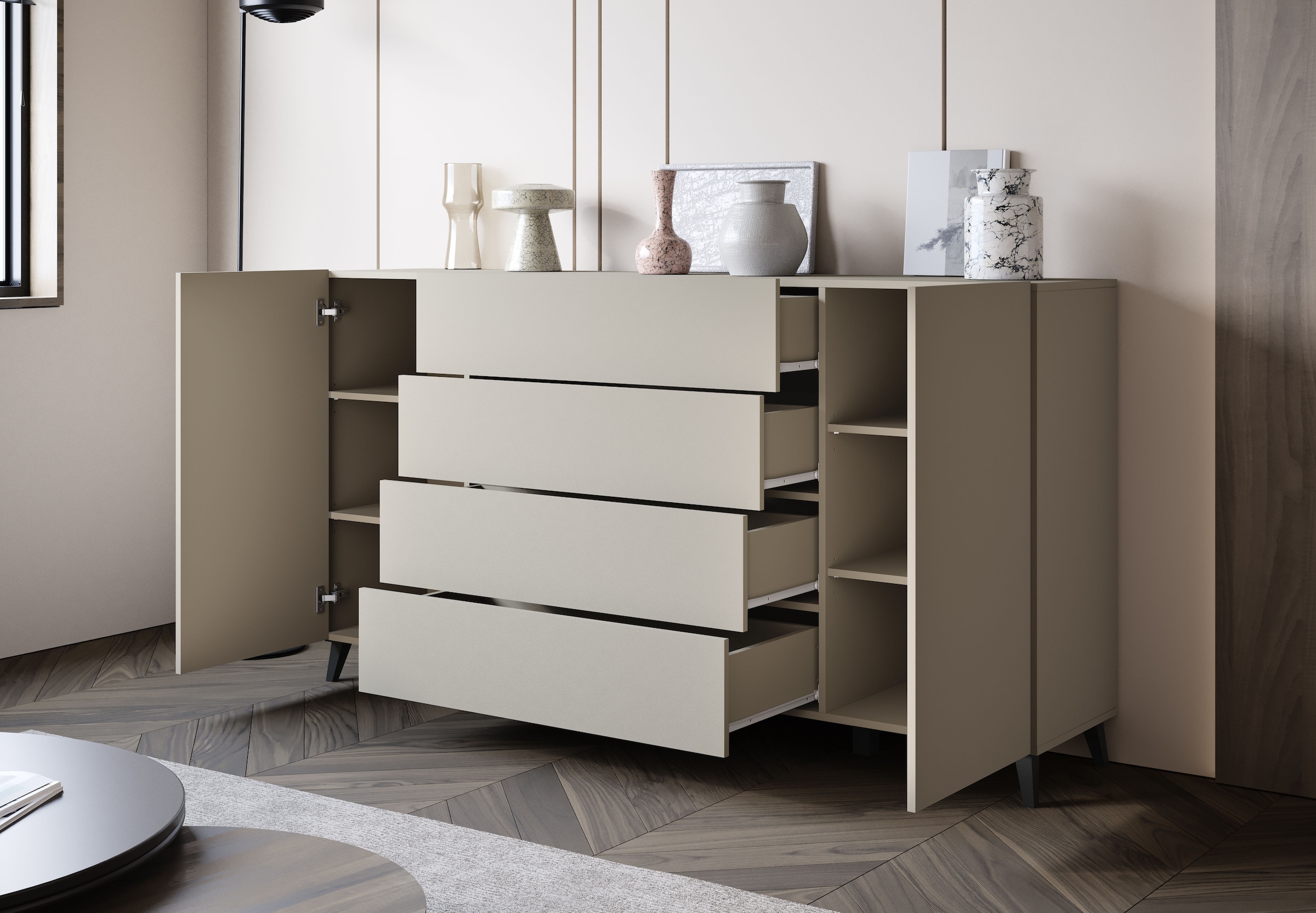 Home affaire Sideboard »Phuket 180 cm breit, modernes Design mit Stauraum« 1 Stk. tlg. Kommode mit 2 Türen, 4 Schubladen und verstellbaren Einlegeböden