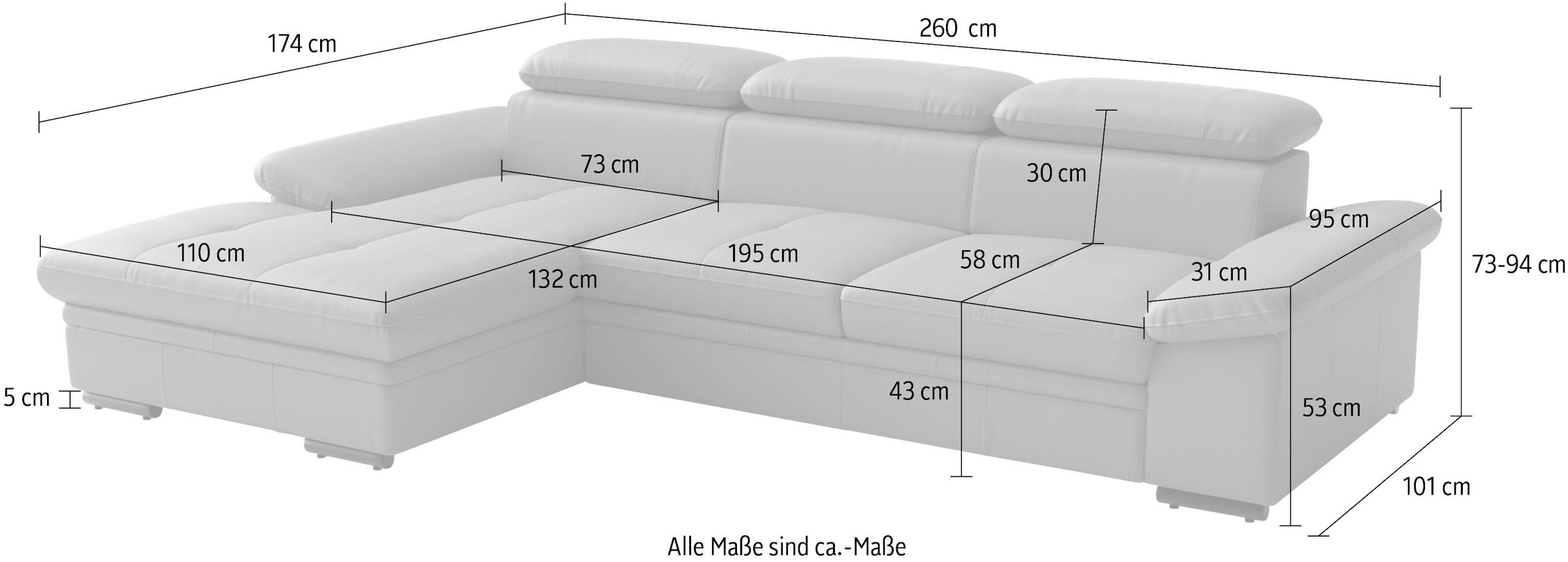 sit&more Ecksofa »Viola, Leder, L-Form, B: 260 cm, mit Armteil- und Kopfteilvertsellung« optional mit Schlaffunktion
