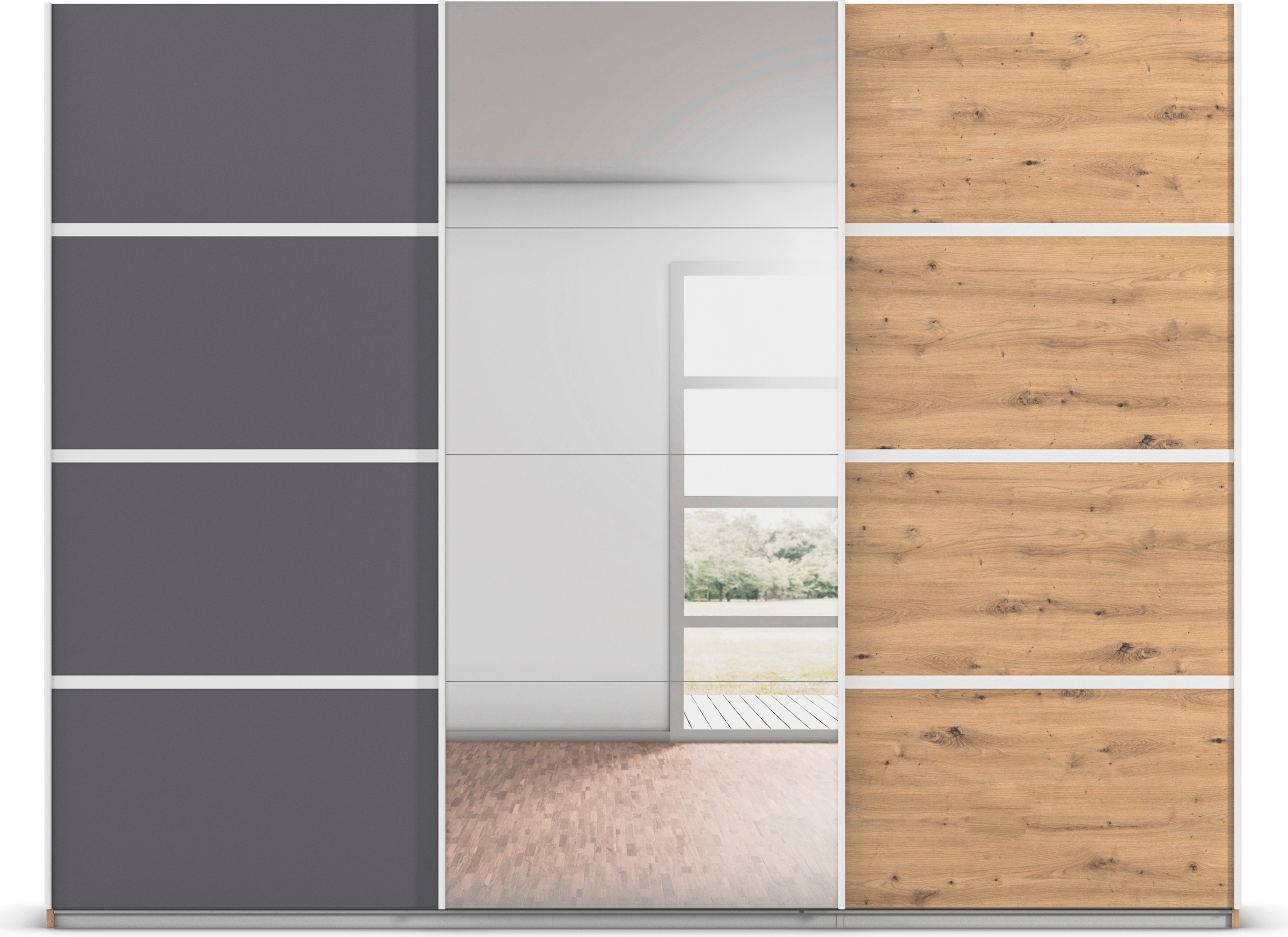 rauch Kleiderschrank »Schwebetürenschrank Garderobe Schrank TOP ANGEBOT Avola«, (in 3 verschiedenen Ausstattungen BASIC/CLASSIC/PREMIUM inkl. Spiegel), mit eleganten Zierleisten in Chrom, Schwarz oder Weiß MADE IN GERMANY