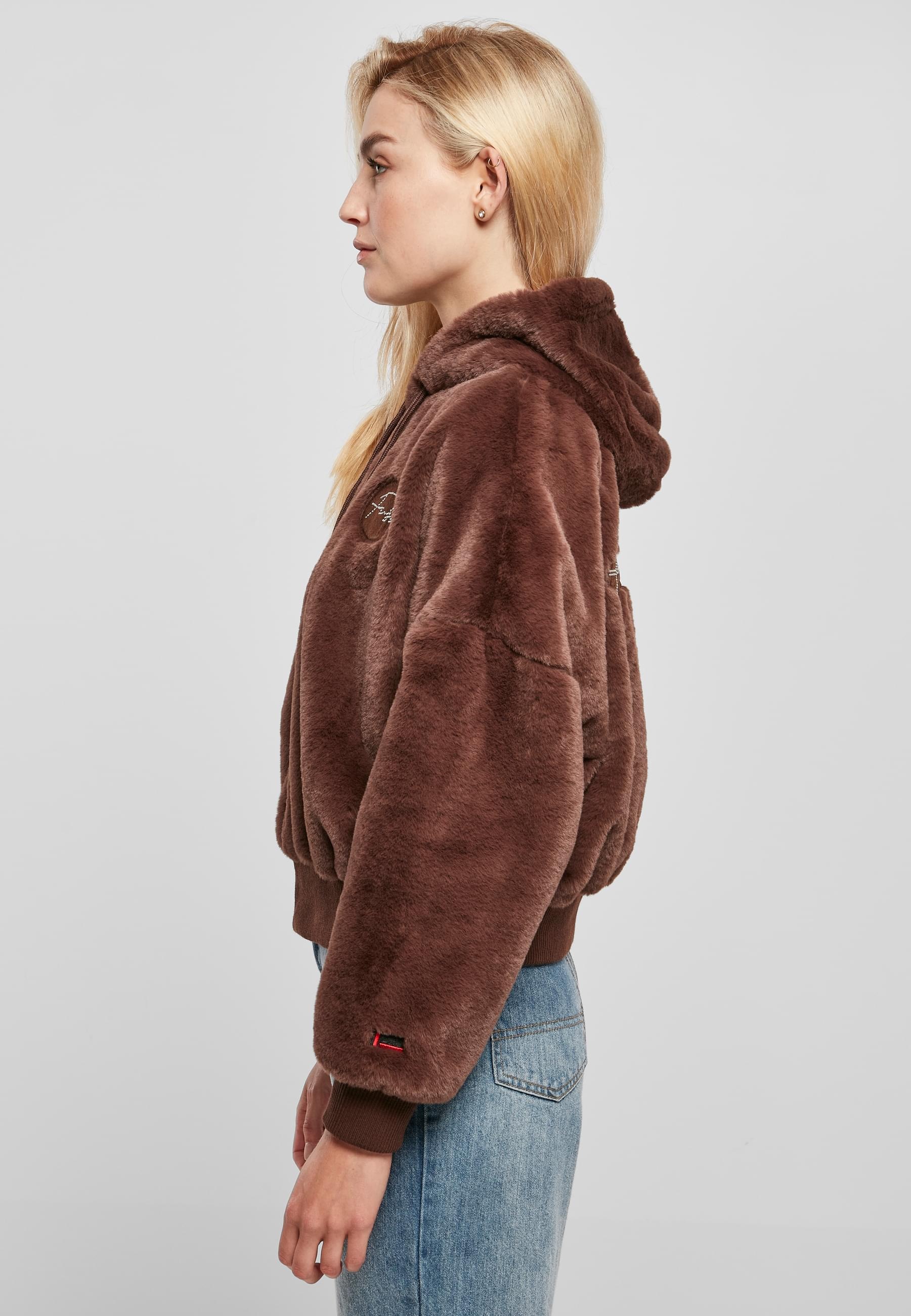 Fubu Collegejacke »Fubu Damen FW224-022-1 Signature Rhinestone Fur Jacket brown« 1 Stk. tlg. mit Kapuze