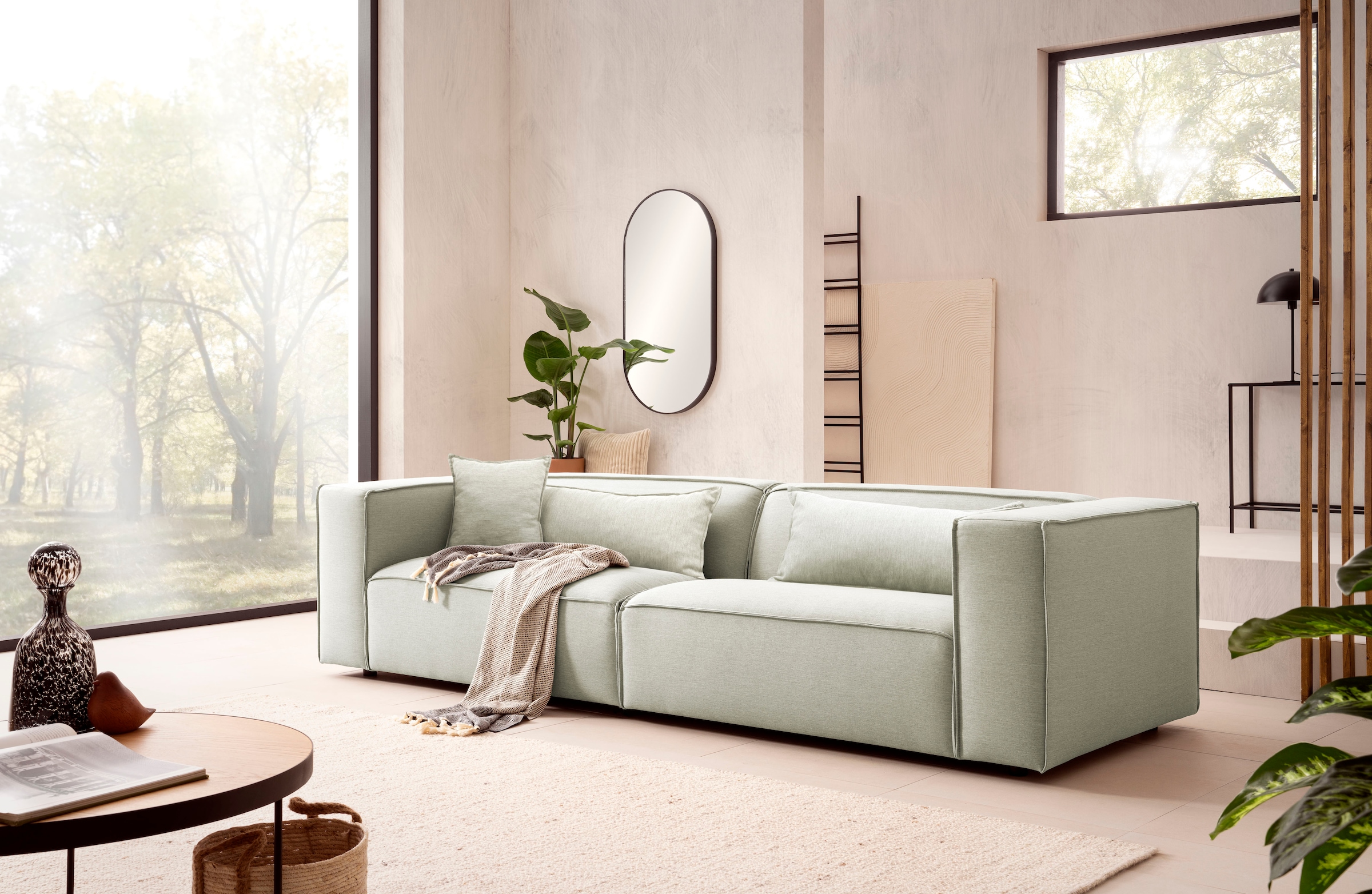 LeGer Home by Lena Gercke 3-Sitzer »PIARA, Couch mit Kedernaht, Sofa in Cord oder Leinenoptik«, schwarze Füße, bequemer Sitzkomfort
