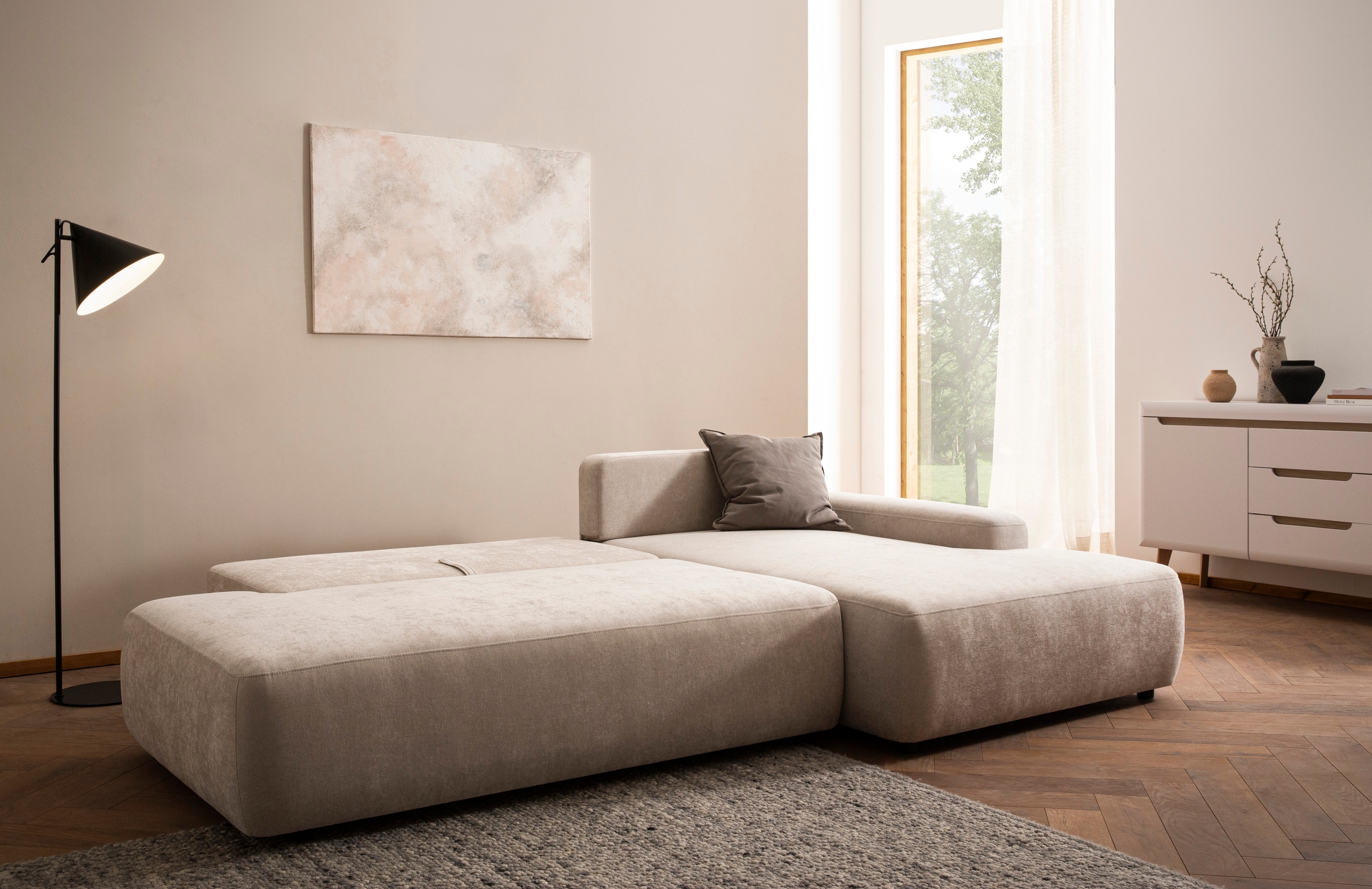 INOSIGN Ecksofa »TORGE, Schlafsofa Cord, Samtvelours u. Strukur fein, Couch in L-Form«, Schlaffunktion und Bettkasten, Liegefläche: 210x125 cm, neues Design
