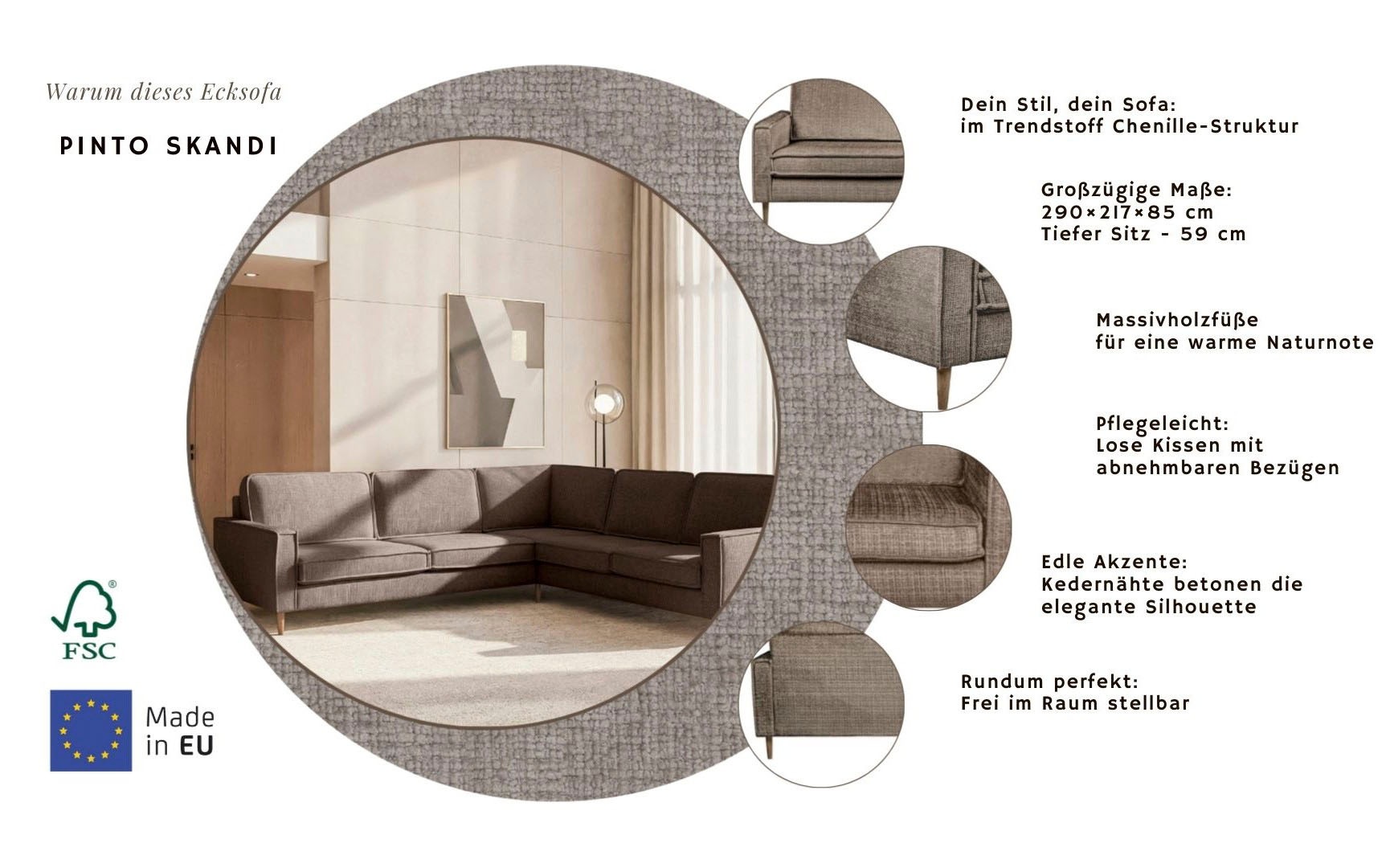 Ecksofa HOME AFFAIRE "Pinto Skandi, 290 cm, Chenille, Struktur, Ottomane links / rechts", braun, B:290cm H:89cm T:250cm, 100% Polyester, Sofas, Ecksofa, mit Keder, Massivholzfüße Eiche geräuchert, Wellenunterfederung 9