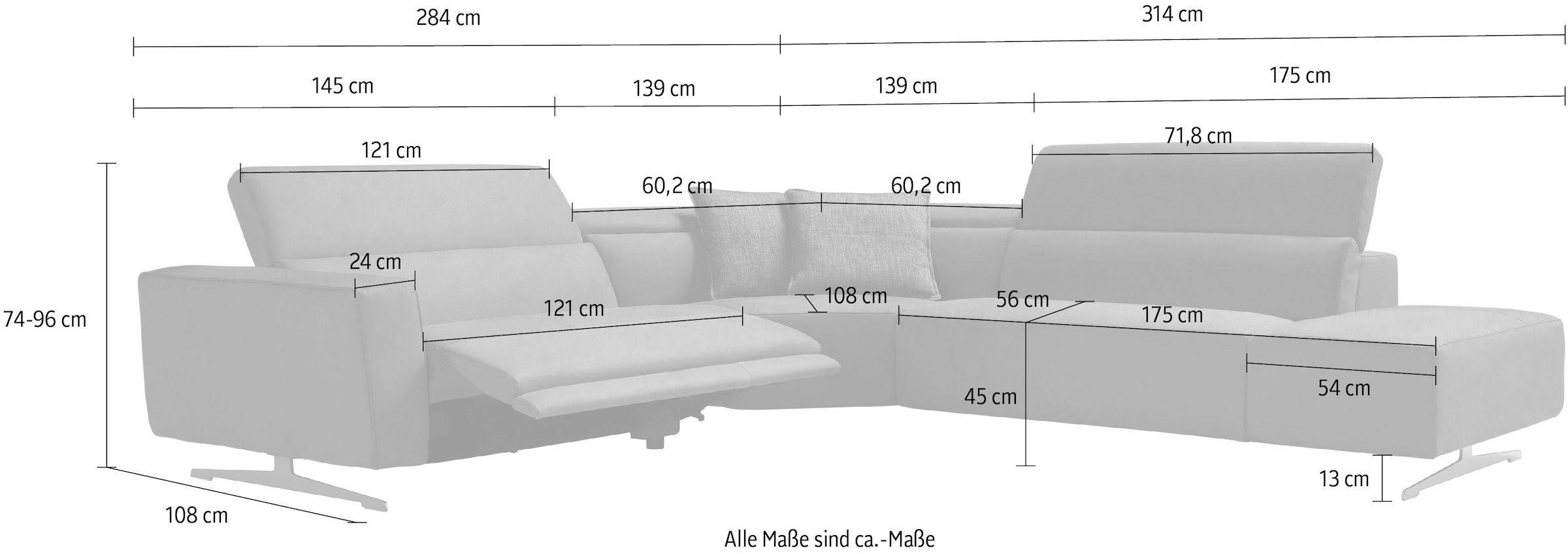 Egoitaliano Ecksofa »Stefanie-e, Designsofa der Extraklasse, bequem mit hohem Sitzkomfort«, mit Relaxfunktion und verstellbaren Kopfteilelementen