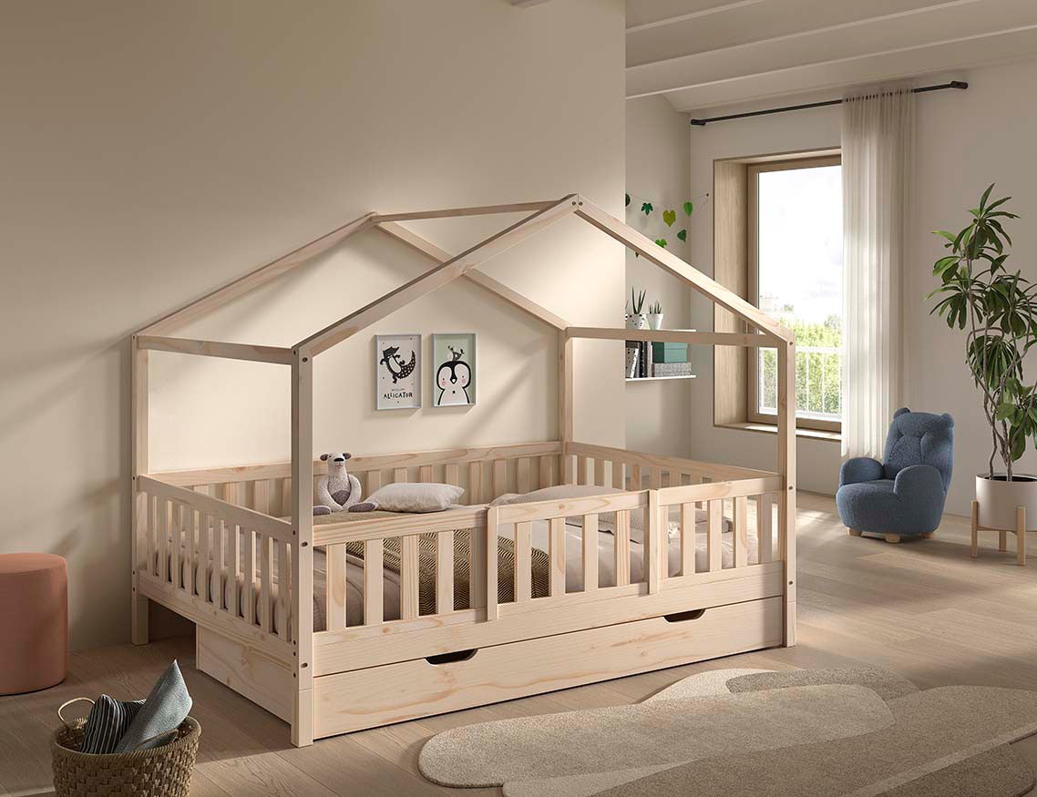 Vipack Hausbett »Dallas, Massivholzbett mit Dachaufbau umbaubar vom Boden- zum Daybett« mit Bettschublade, wahlweise Kiefer massiv natur oder weiß