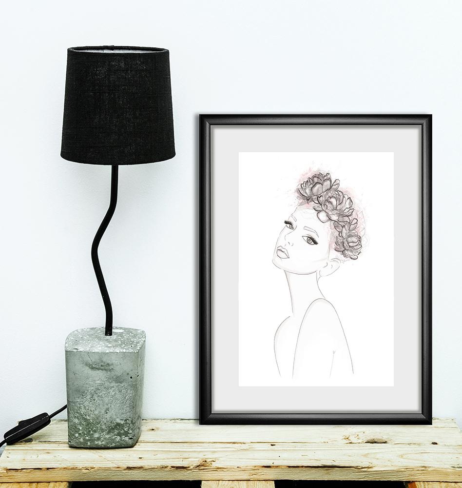 queence Bild »Skizze Frau mit Blumenkranz«, Fashion-Magazincover-Mode-Modebilder-Frau-Bilder von Frauen-Blumen, HD Premium Poster-Druck inkl. Holzrahmen