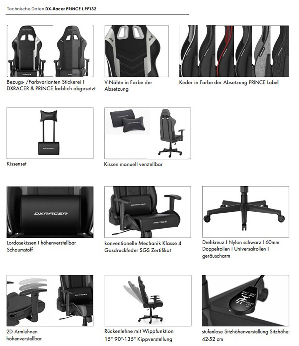 MCA furniture Gaming-Stuhl »DX Racer Prince Gamingchair«, (Set), 1 St., Kunstleder, Gaming,Racing,Design,Lordose,Kissen,Armlehne,drehbar,verstellbar