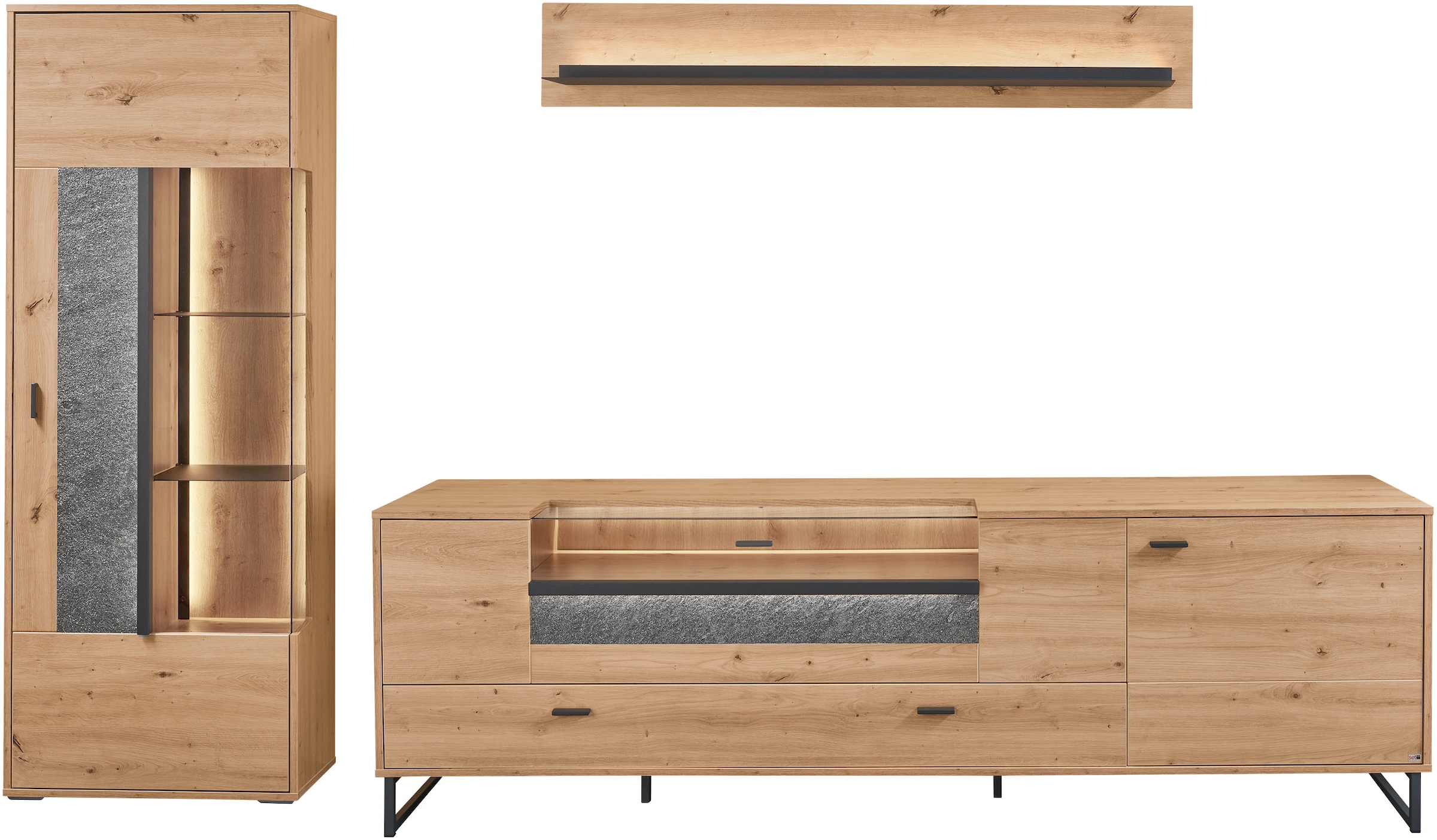 set one by Musterring TV-Wand »Deltona«, (3 St.), Zierelemente aus Sandstein, inkl. Beleuchtung, Gesamtbreite ca. 287 cm