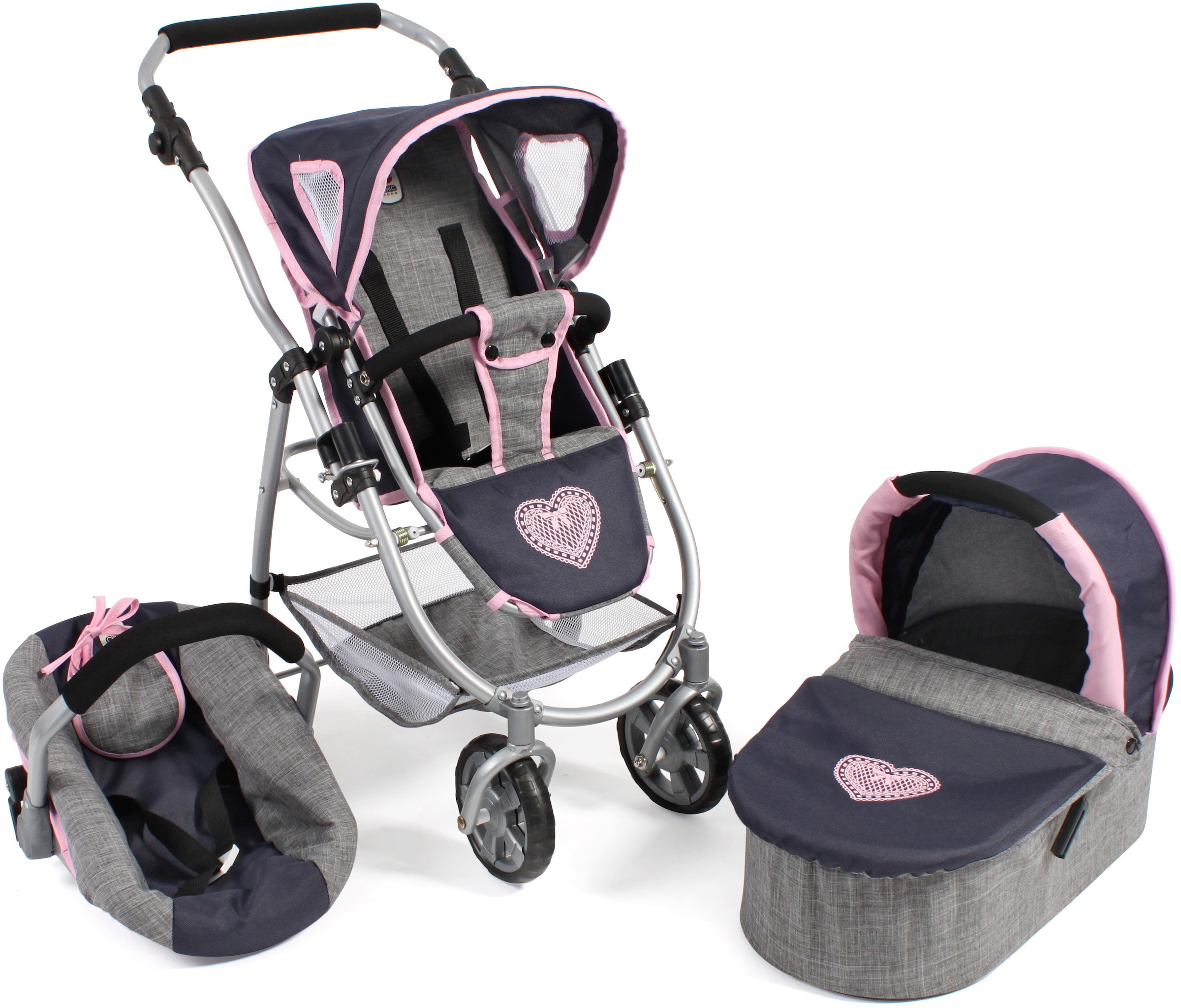 CHIC2000 Kombi-Puppenwagen »Emotion All In 3in1, Grau-Navy«, inkl. Babywanne, Babyschale und Sportwagenaufsatz