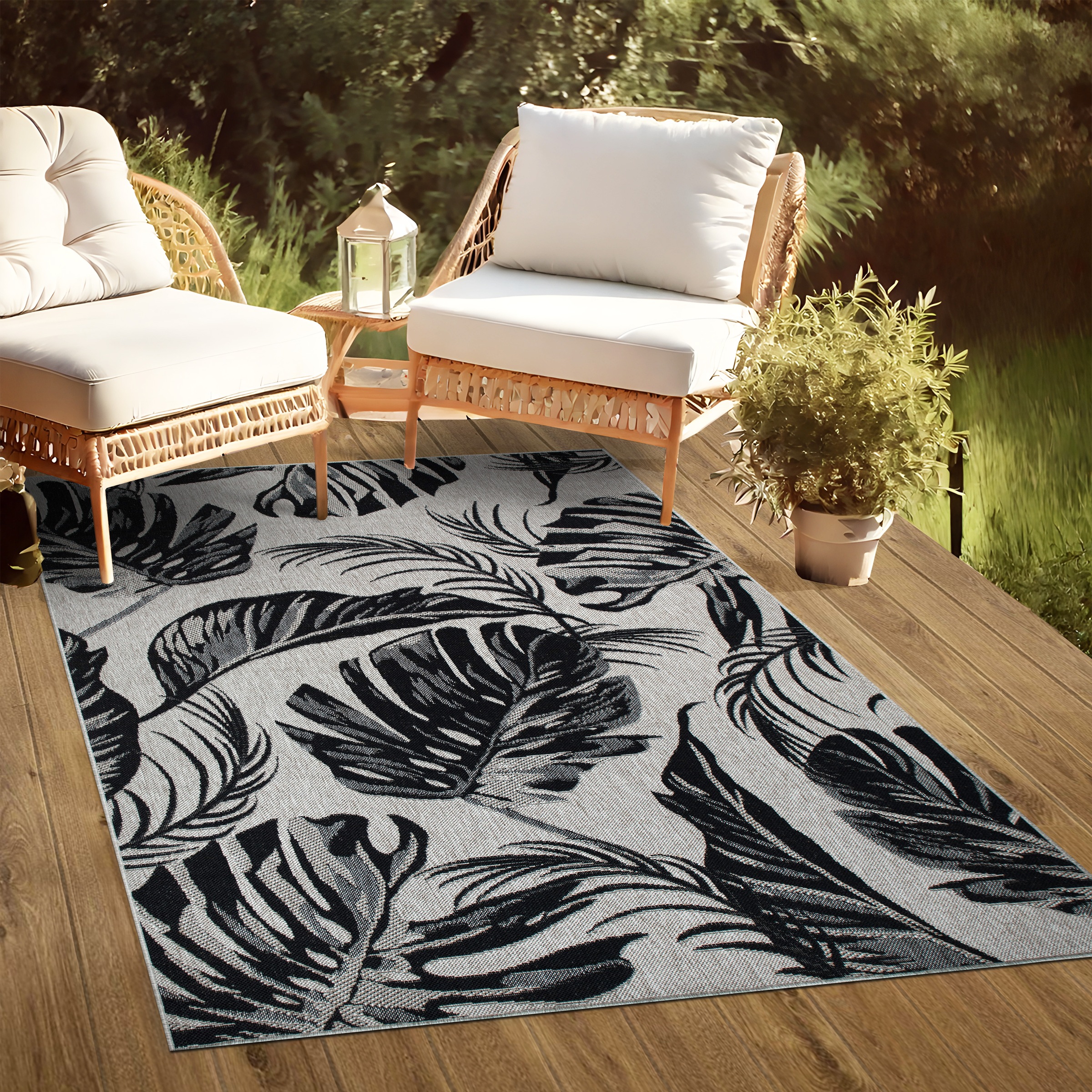 Bruno Banani Teppich »Larral, Blätter-Design auch für Balkon und Terrasse«, rechteckig, 3 mm Höhe, In- und Outdoor geeignet, Wetterfest & UV-beständig