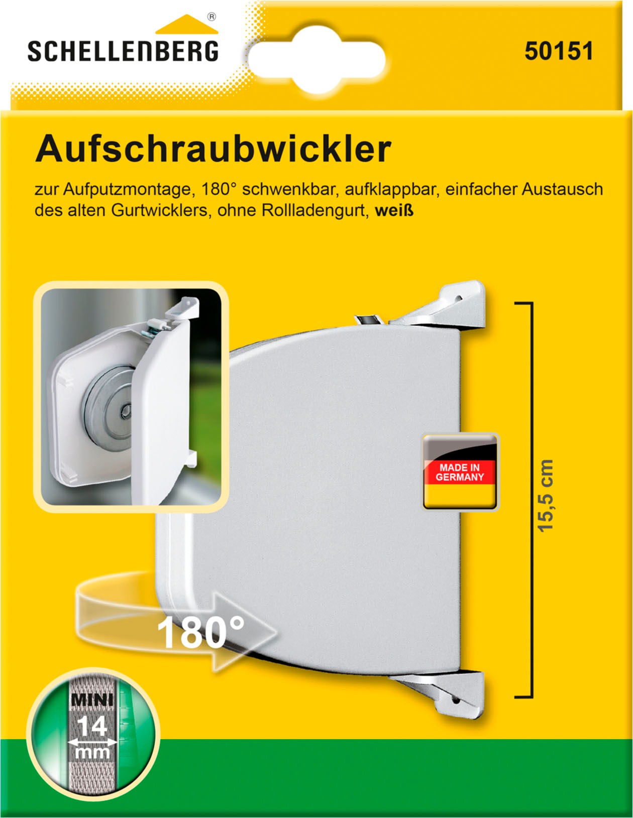 SCHELLENBERG Aufputz-Gurtwickler "Aufschraubwickler für das Rollladensystem Mini" 1 Stk. tlg. aufklappbar, mit festem Lochabstand, 155 mm, weiß oder braun