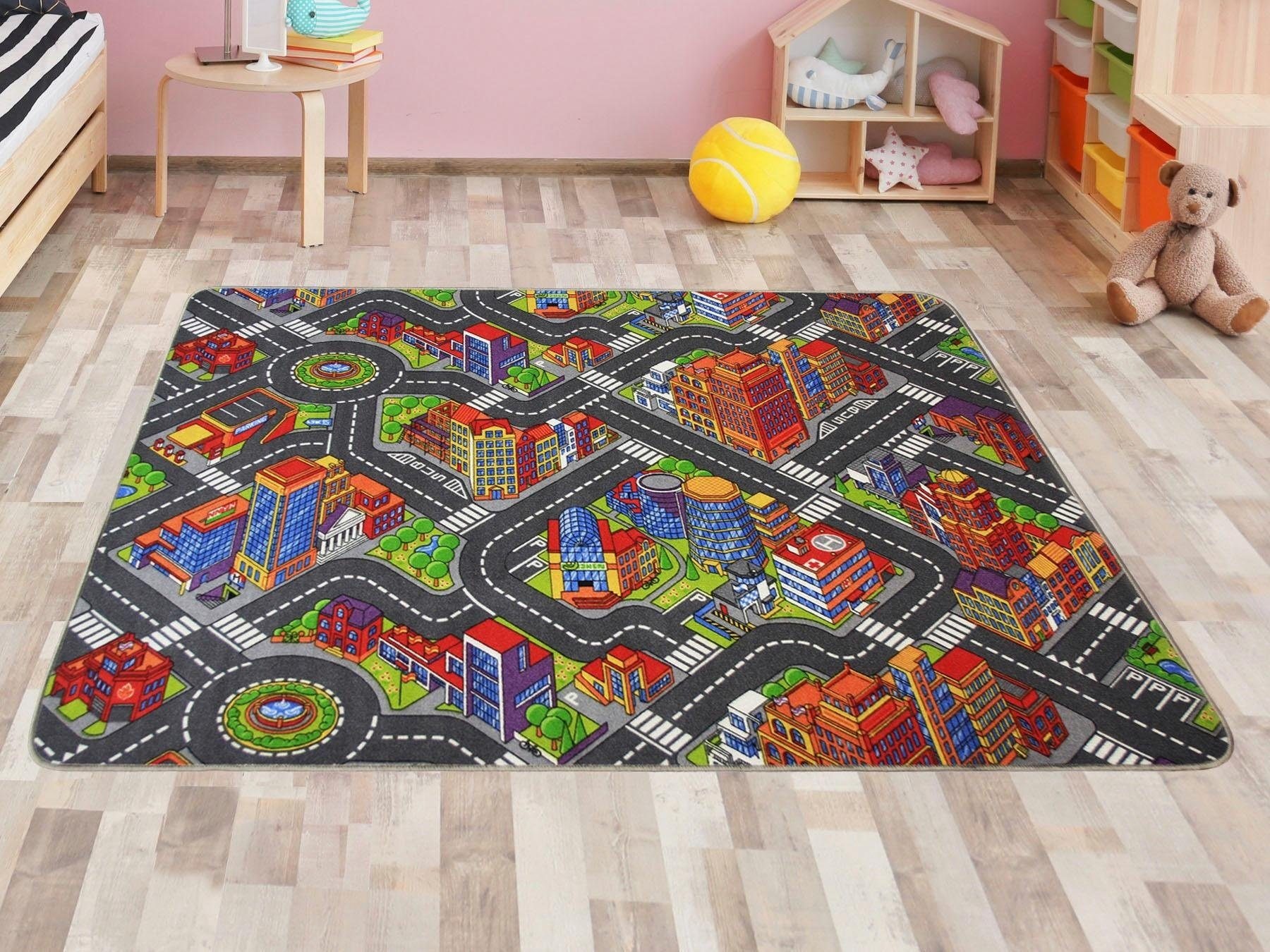 Primaflor-Ideen in Textil Kinderteppich »BIG CITY, Made in Belgium«, rechteckig, 5 mm Höhe, Straßen-Spiel-Teppich, Straßenbreite ca. 9 cm, Kinderzimmer