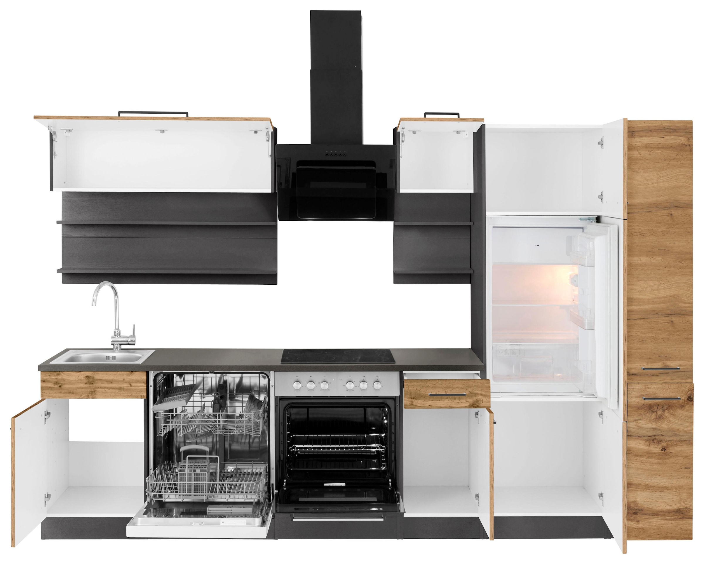 KOCHSTATION Küchenzeile »KS-Tulsa« mit E-Geräten, Breite 300 cm, schwarze Metallgriffe, MDF Fronten