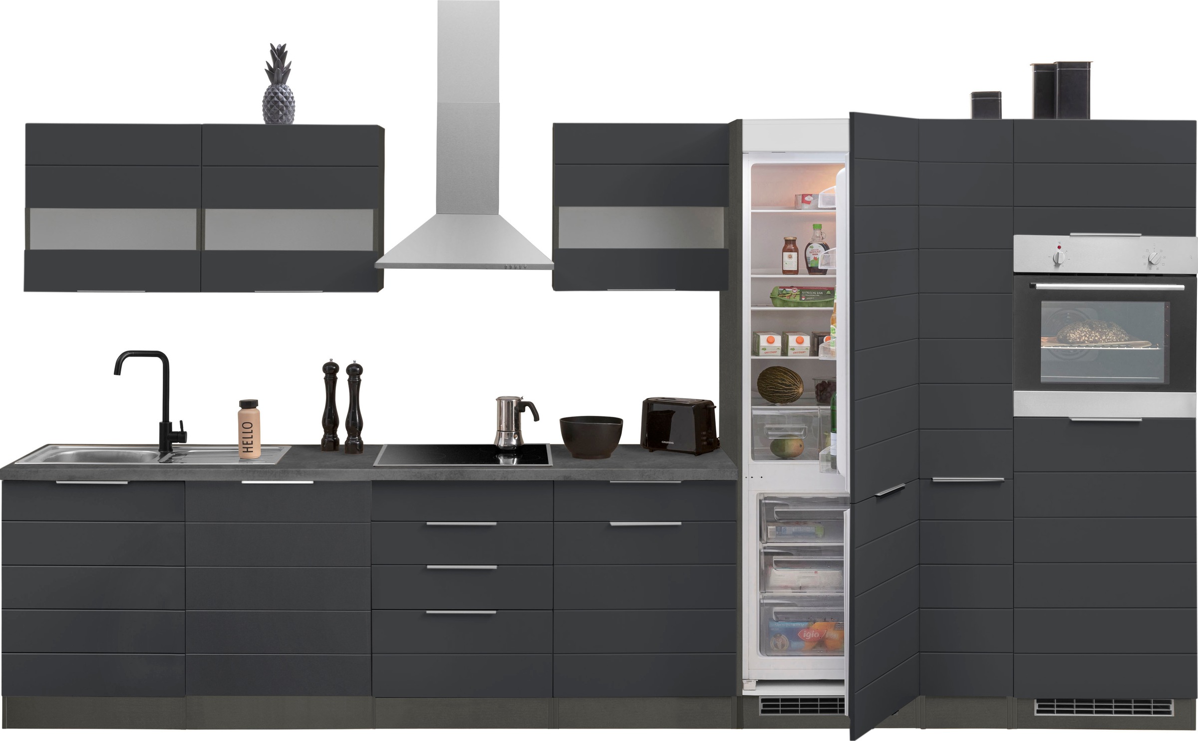 KOCHSTATION Küche »KS-Luhe«, 390 cm breit, wahlweise mit oder ohne E-Geräten, gefräste MDF-Fronten