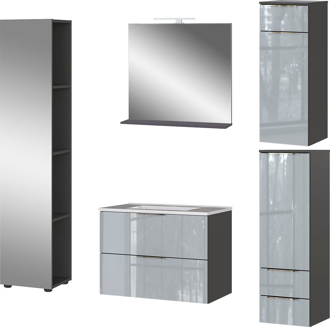 GERMANIA Badmöbel-Set »Oakland«, (5 St.), inkl. WT-Unterschrank, Spiegel, Schrank, Mediumschrank und Regal