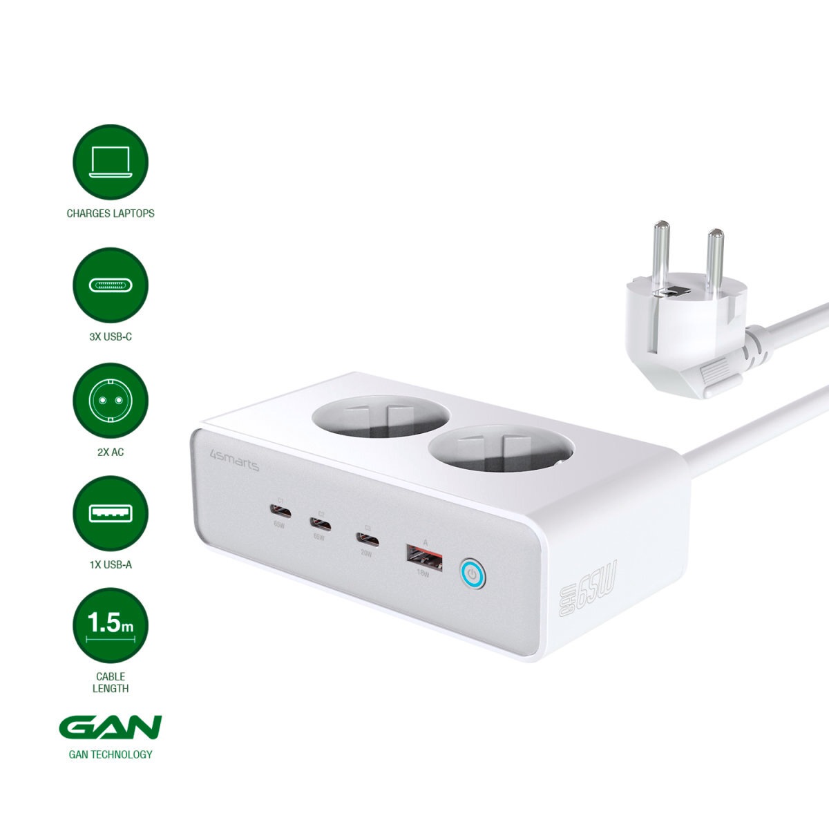 4smarts USB-Ladegerät »Desk Charger GaN 65W mit AC-Steckdosen«