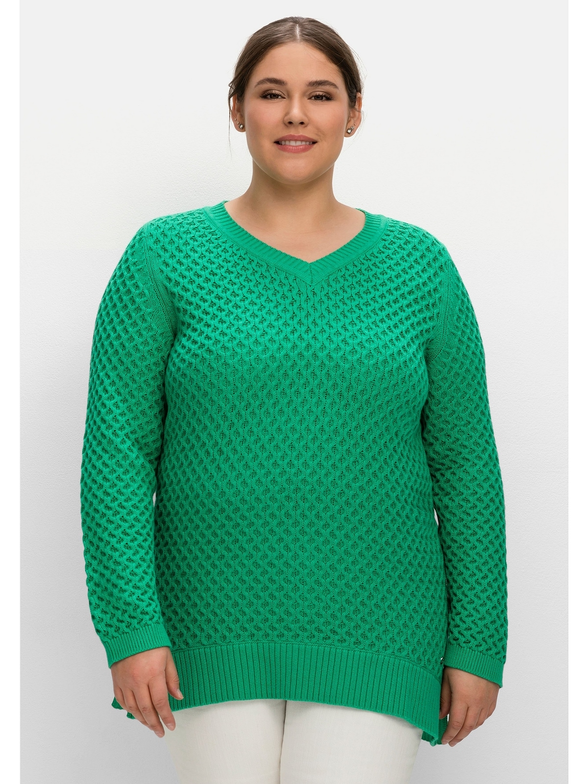 Größen«, in Sheego kaufen | BAUR V-Ausschnitt-Pullover Wabenstruktur, aus »Große reiner online Baumwolle