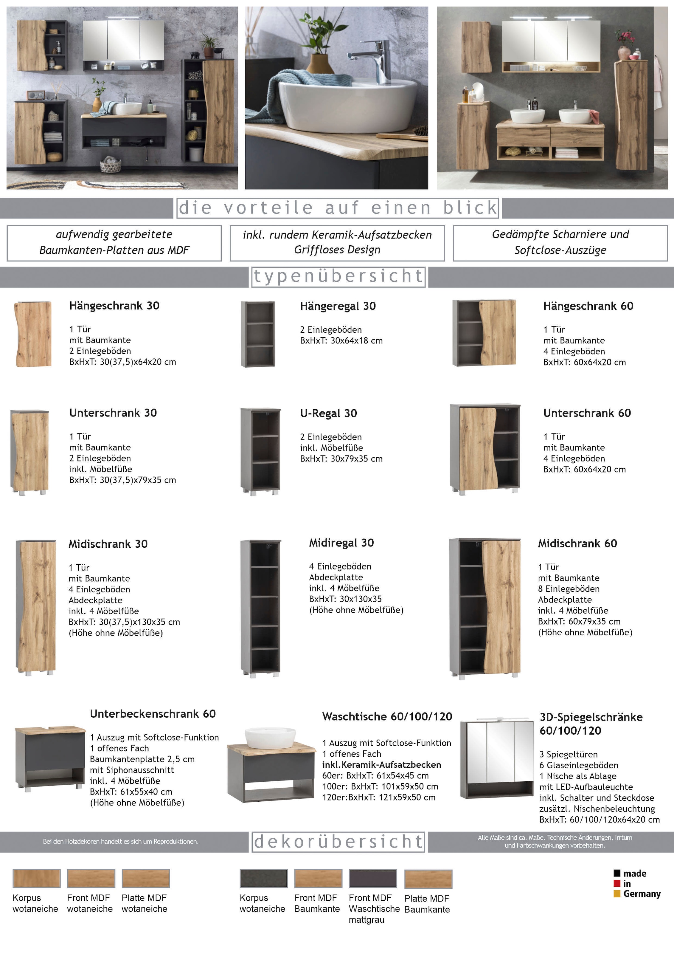 welltime Waschbeckenschrank »Stubach«, Bad, Abdeckplatte mit Baumkante, Breite 100 cm