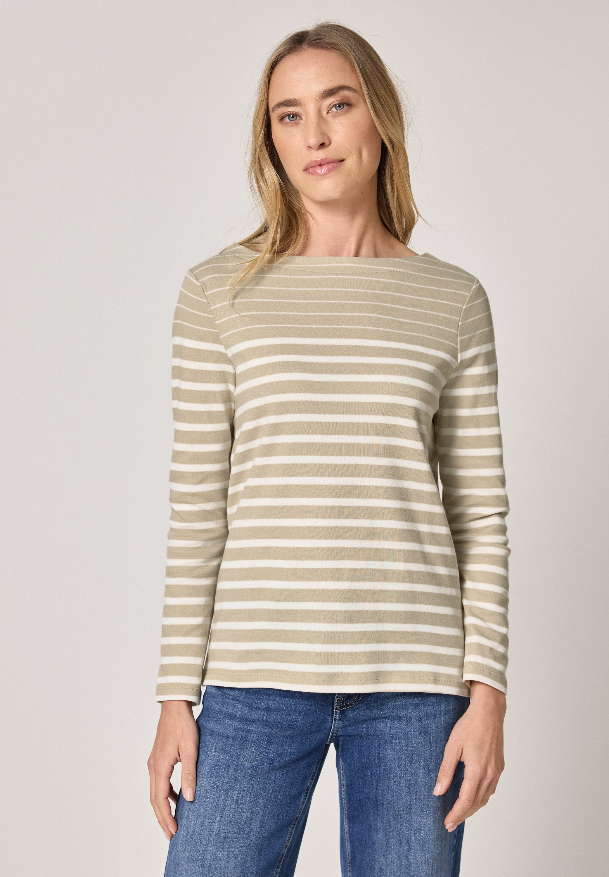 3/4-Arm-Shirt STREET ONE, Damen, Gr. 36, cotton beige, Web, 100% Baumwolle, gestreift, normal normal, U-Boot-Ausschnitt, abgesteppt, Shirts 3/4-Arm-Shirt, aus reiner Baumwolle