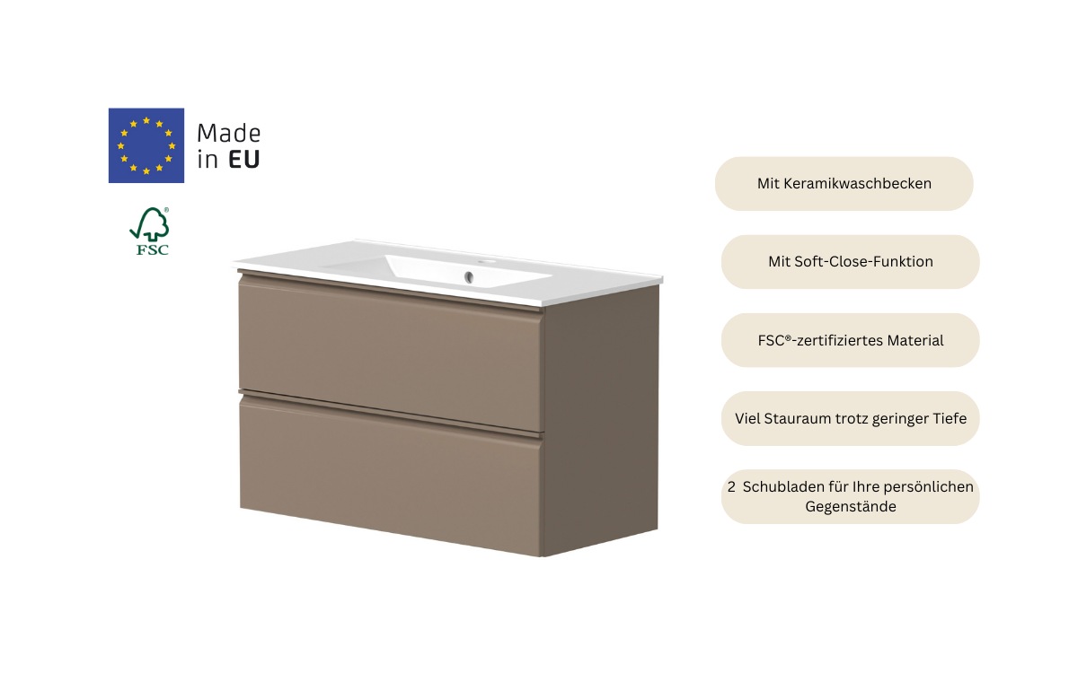 welltime Waschtisch »Cosmos in verschiedenen Ausführungen inkl. Waschbecken«, Badmöbel, Waschplatz mit 2 Schubladen, Soft-Close-Funktion, FSC®