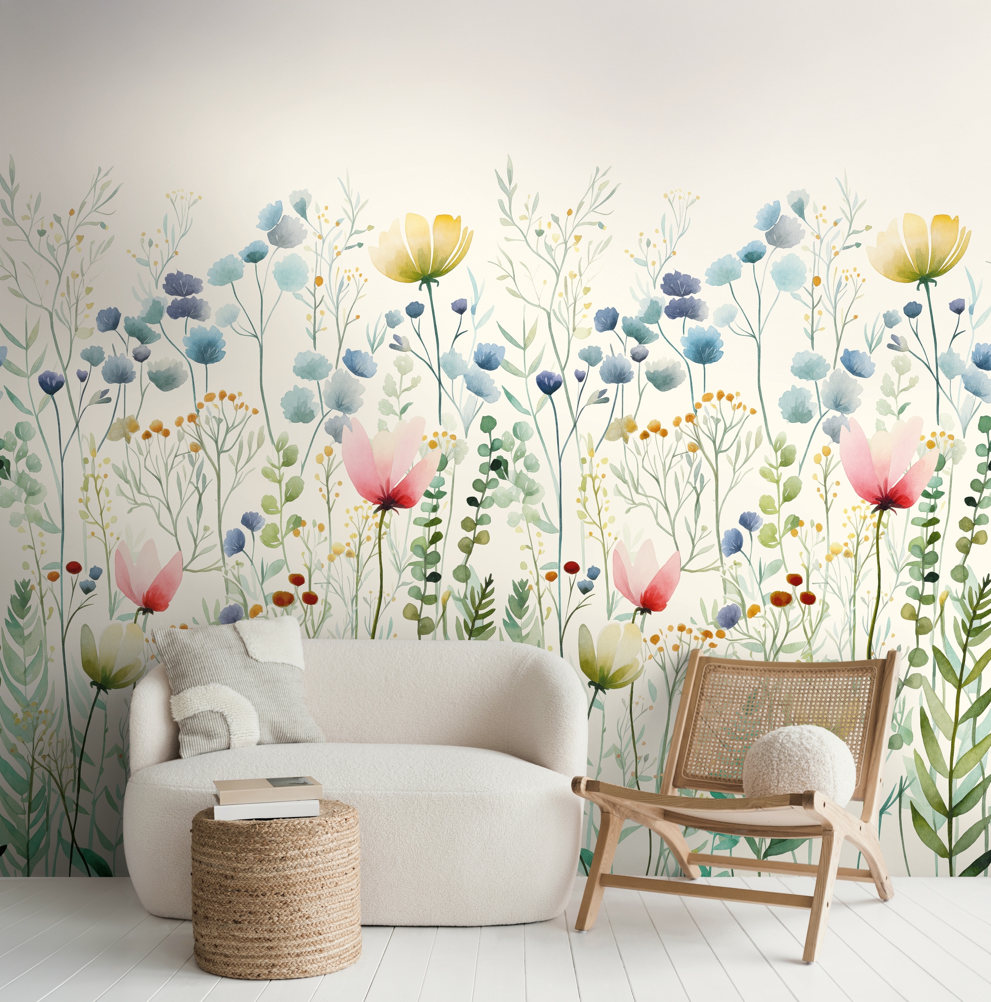 living walls Fototapete "The Wall 4 Flowers – Blumenwiese mit Blätterranken Vlies-Fototapete" botanisch floral matt leicht strukturiert Blumenwiese mit Blätterranken – natürlicher Tiefenwirkung
