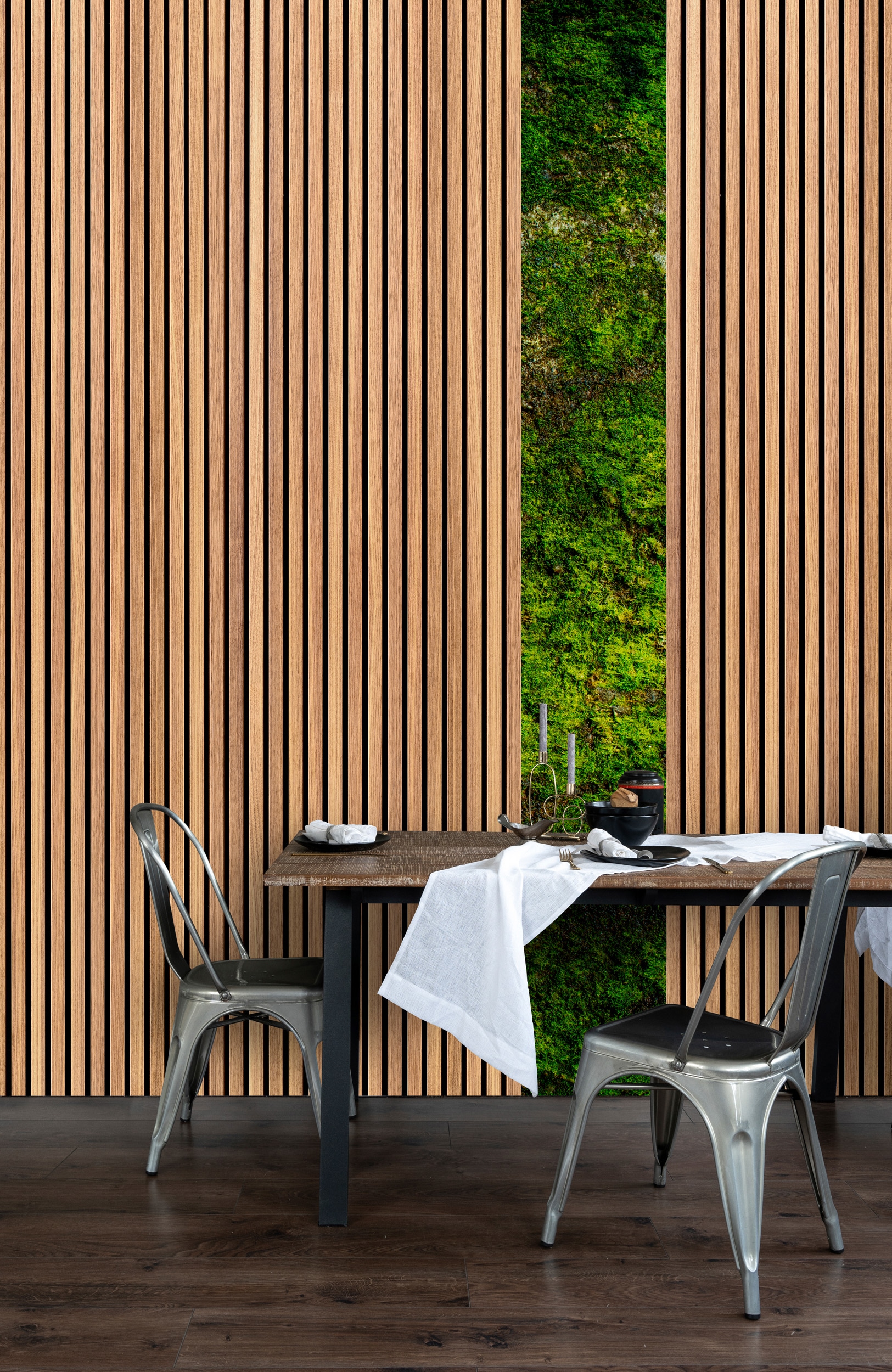 living walls Vliestapete "Holzleisten-Tapete mit Moosoptik Naturdesign" matt glatt
