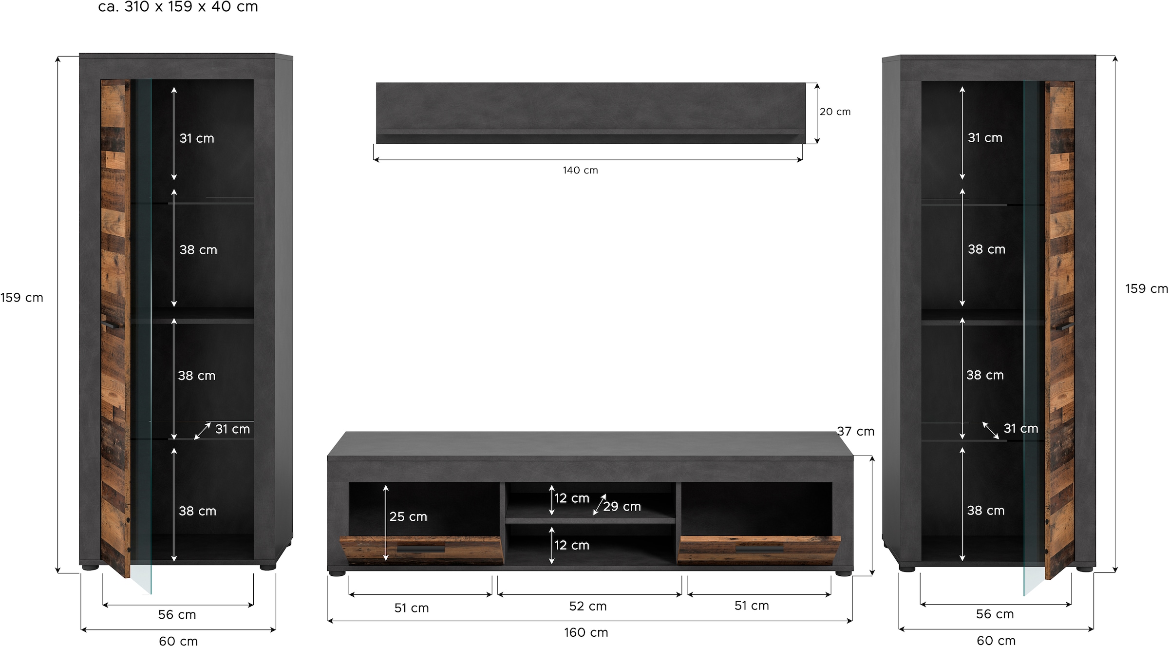 INOSIGN Wohnwand »Aosta, Breite 310cm, best. aus: 2x Vitrine, Lowboard, Wandboard«, Wohnwand, Kombination, Anbauwand, Möbel Set, Schrankwand, Möbel Kombi