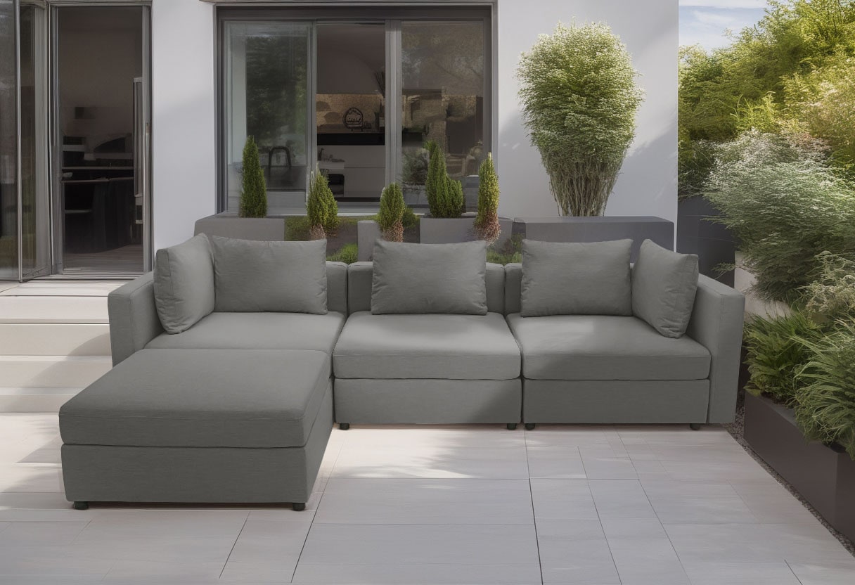 DOMO collection "Solskin, individuell erweiterbar/kombinierbar" mit losen Kissen. Rücken- und Seitenteile als Stecksystem.