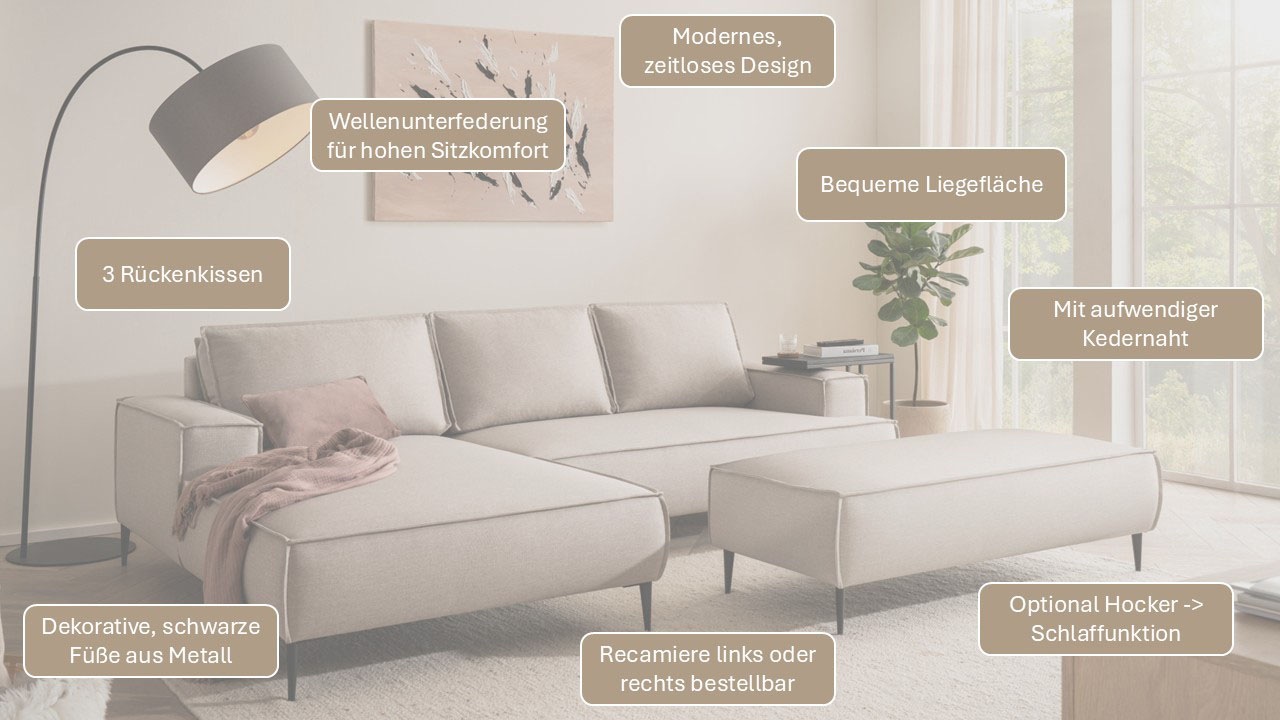 Thumbnail - Home affaire Sitzgruppe "TVINNU, Polsterecke L-Form, Schlaffunktion, mit Hocker" Set, Set, stellbar zum Schlafsofa (Krok...