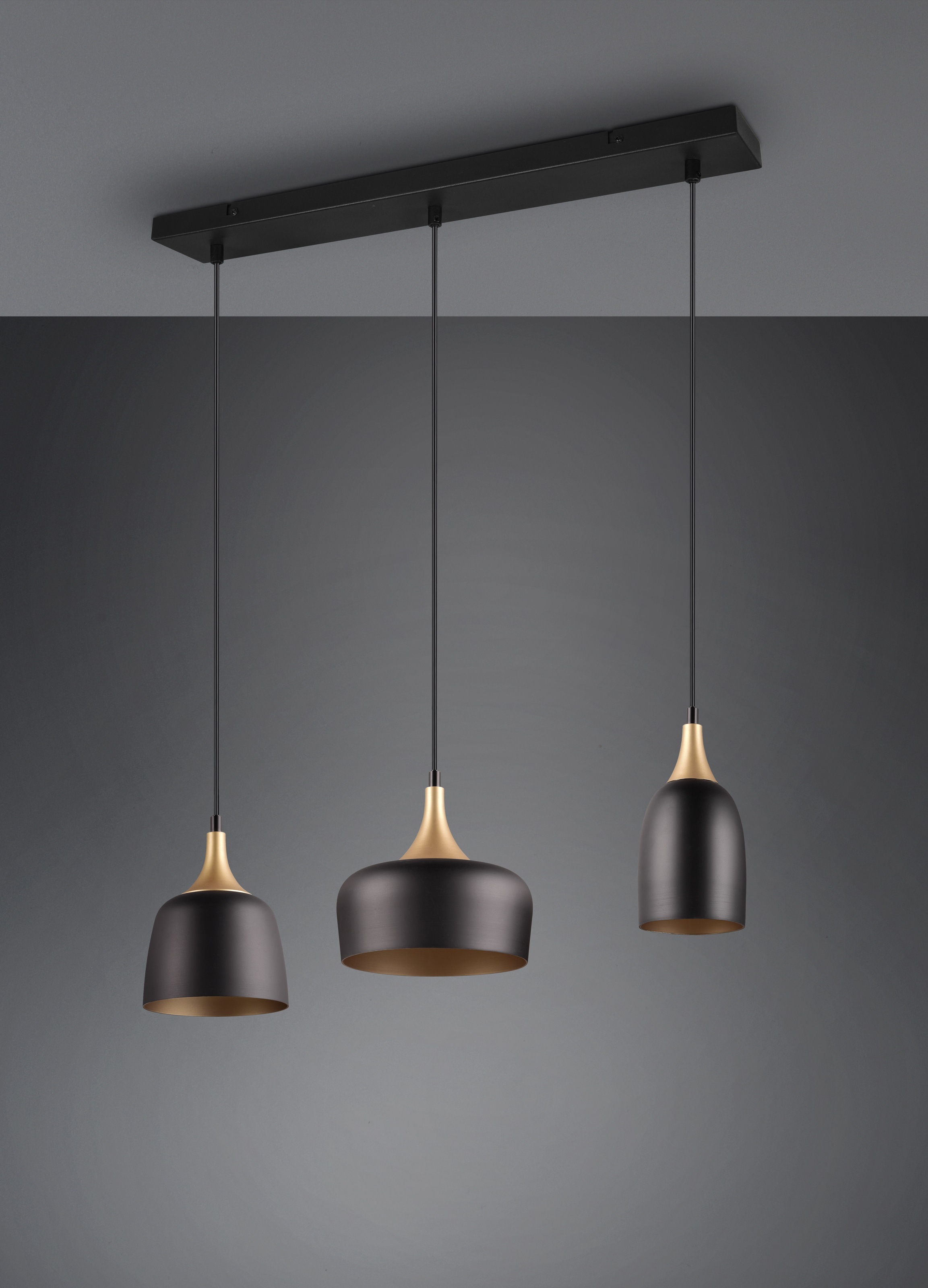 TRIO Leuchten Pendelleuchte »CHIRAZ, Hängeleuchte 3-flammig schwarz messing gold max 150cm Höhe« E14 1 Stk. warmweiß - kaltweiß Hängelampe exkl 3x E14 max 25W, Industrie Loft Stil 3 Schirmformen