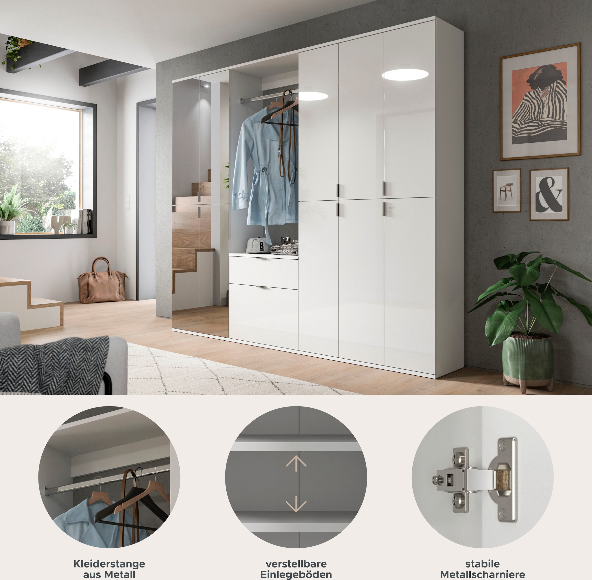 INOSIGN Garderoben-Set »Trondheim, Breite 213 cm, 6-teilig, bestehend aus:«, (Set, 5 St.), 3x Garderobenschrank, 1 Kommode, 1 Garderobenstange, 1 Ablageboden