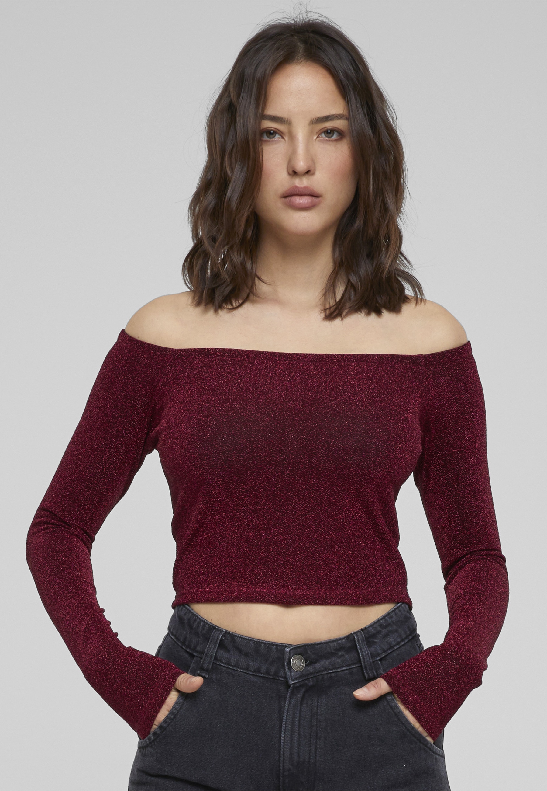 URBAN CLASSICS Longsleeve »Urban Classics Damen Ladies Off Shoulder Glitter Longsleeve« 1 Stk.