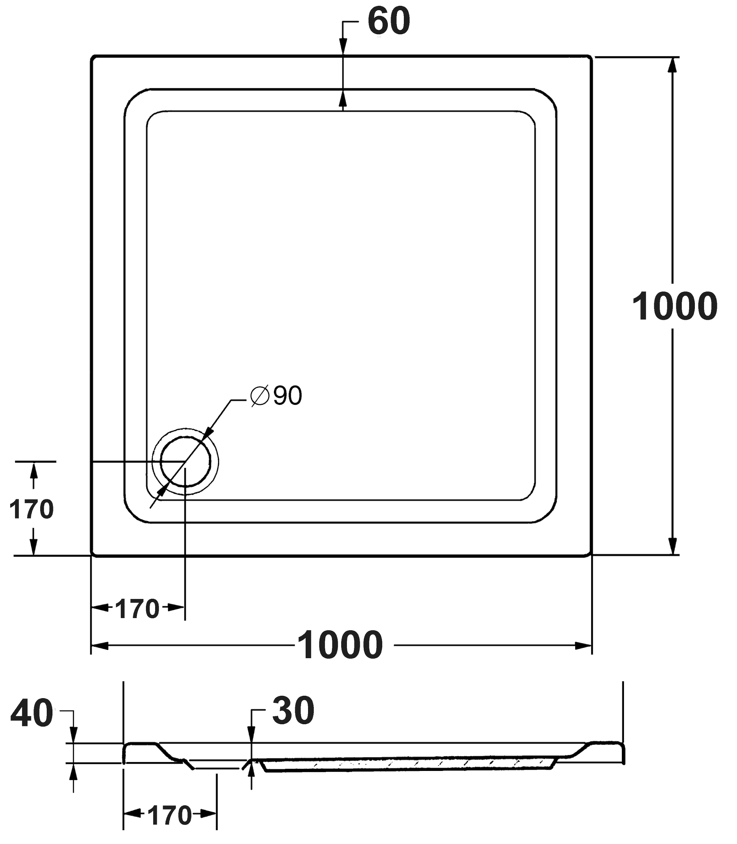 OTTOFOND Duschwanne, (Set), 100x100x3 cm, mit Wannenträger, Ablaufgarnitur und Fugendichtband