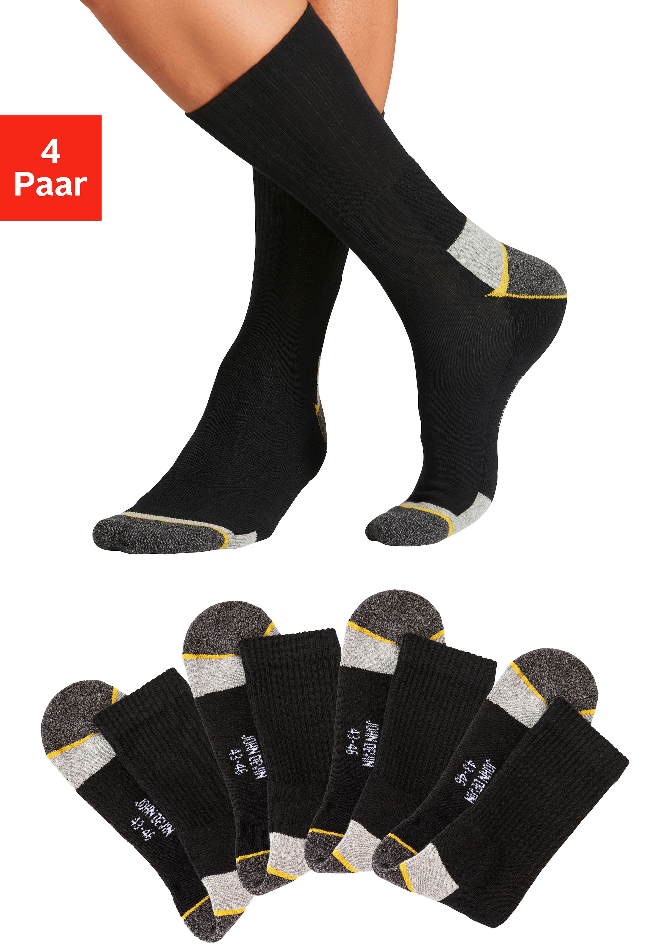John Devin Arbeitssocken "Herrensocken mit breitem geripptem Schaft" Packung, 4 Paar tlg. Mit Hochfersen und Überzehen Plüsch