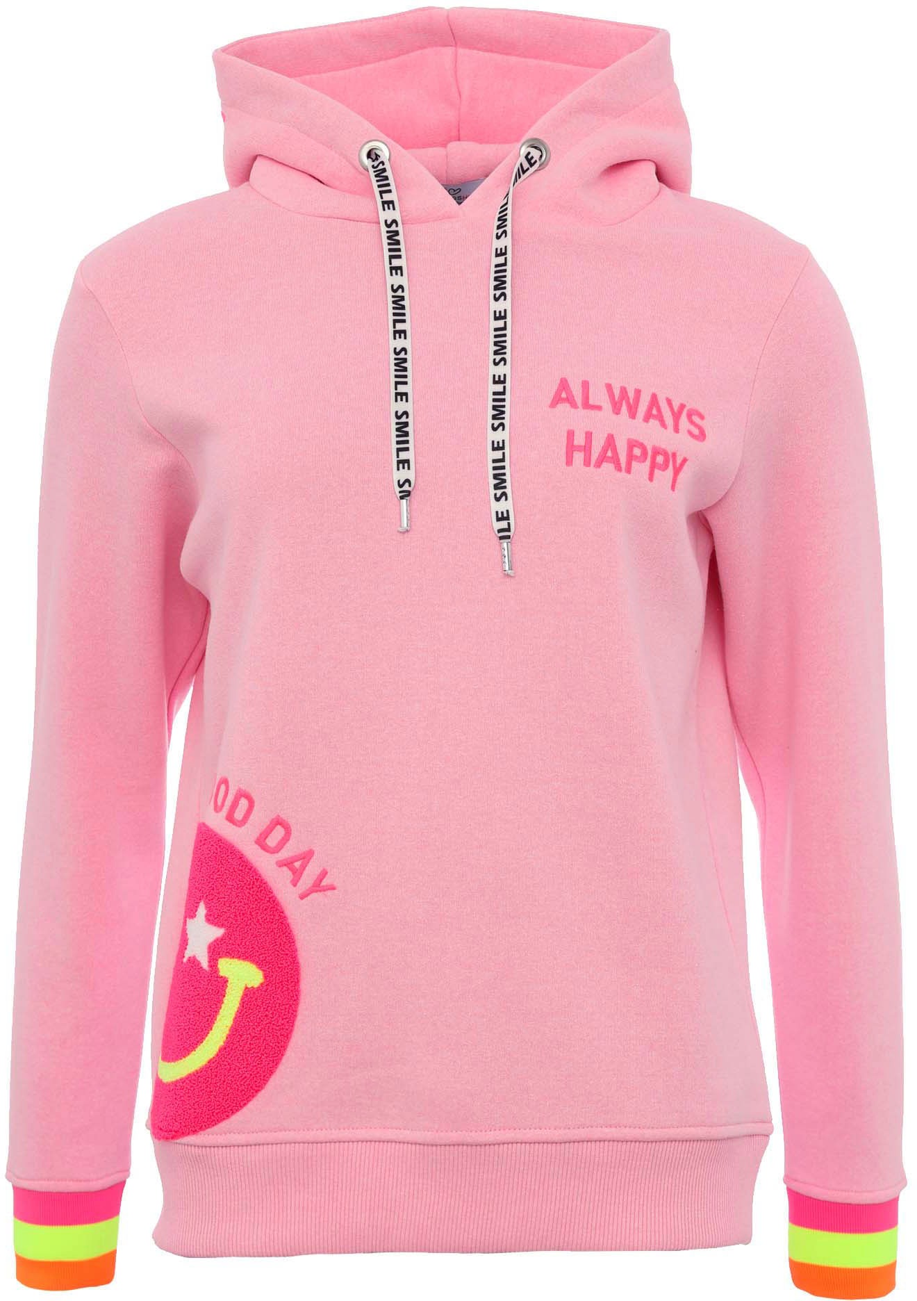 Zwillingsherz Hoodie "Always Happy", Smiley aus Frottee, Neon-Details, Kapu günstig online kaufen