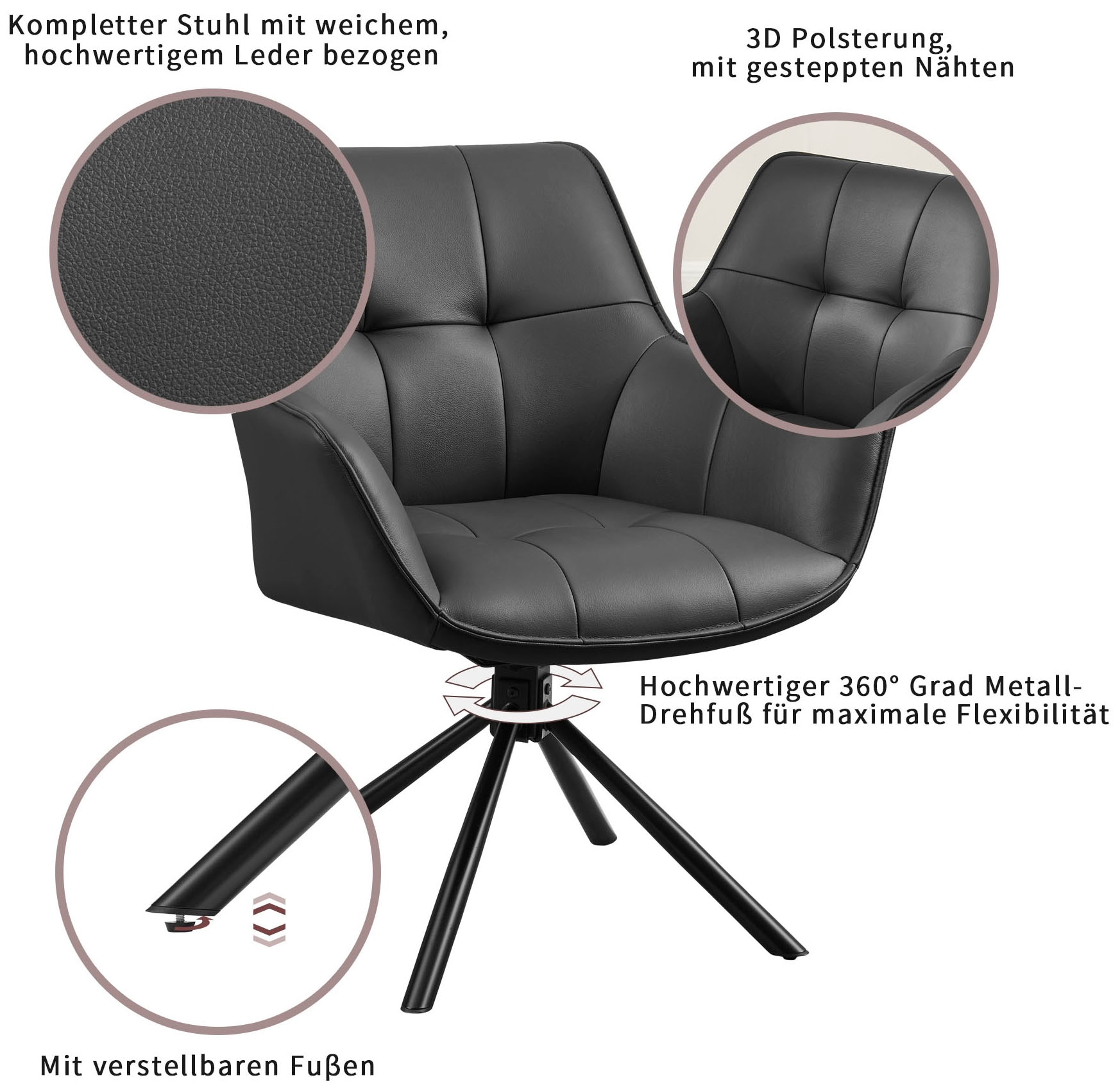 OTTO home Drehstuhl »Lika« (Set) 2 Stk.echtes Leder, 360° Drehfunktion, Steppnähte, Metallgestell