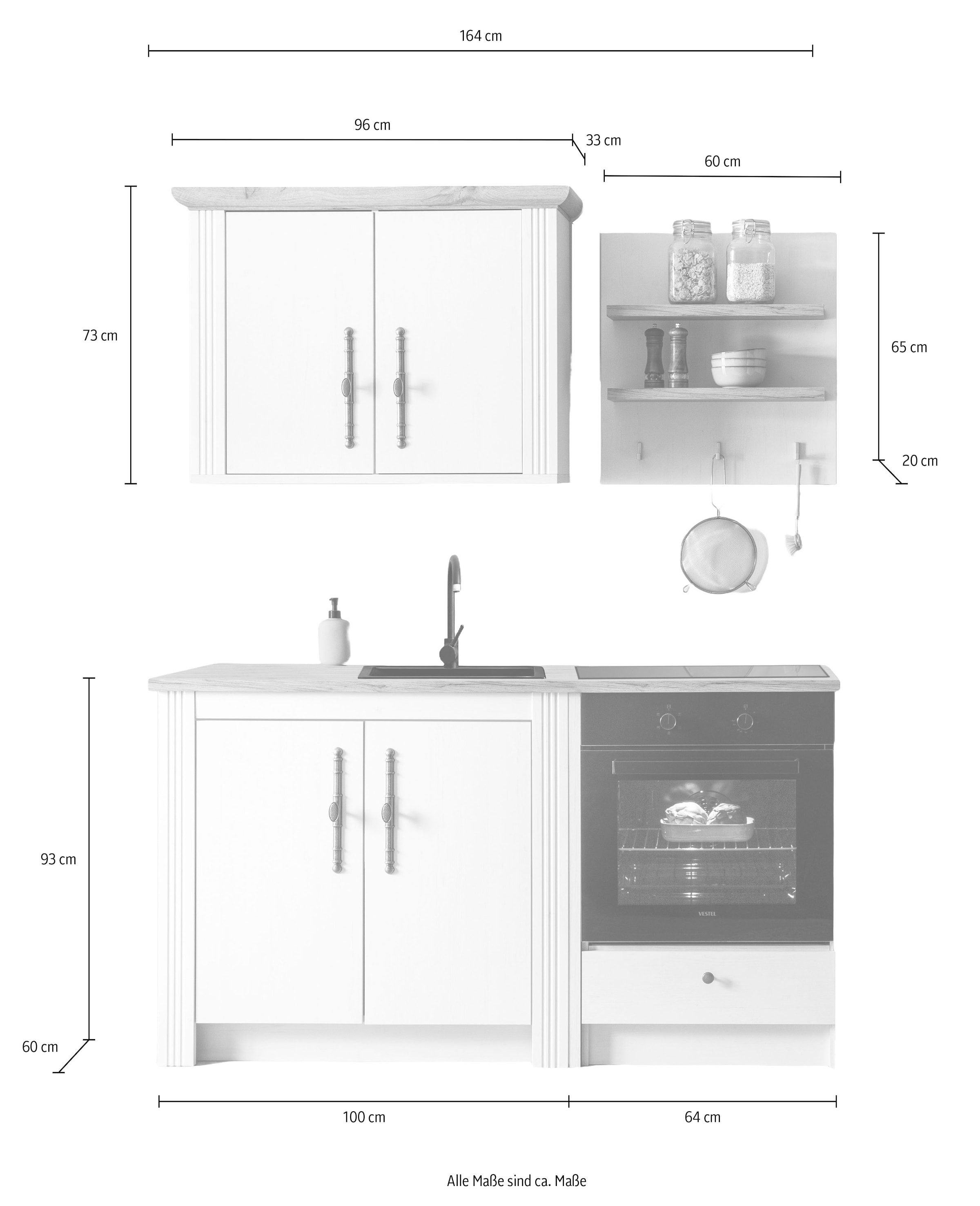 KOCHSTATION Küchenzeile »KS-Westminster, Pantryküche im Landhaus Stil, hochwertige Metallgriffe«, (Set), Breite 164 cm, Kommode, Wandpaneel, Hängeschrank und Herdumbau