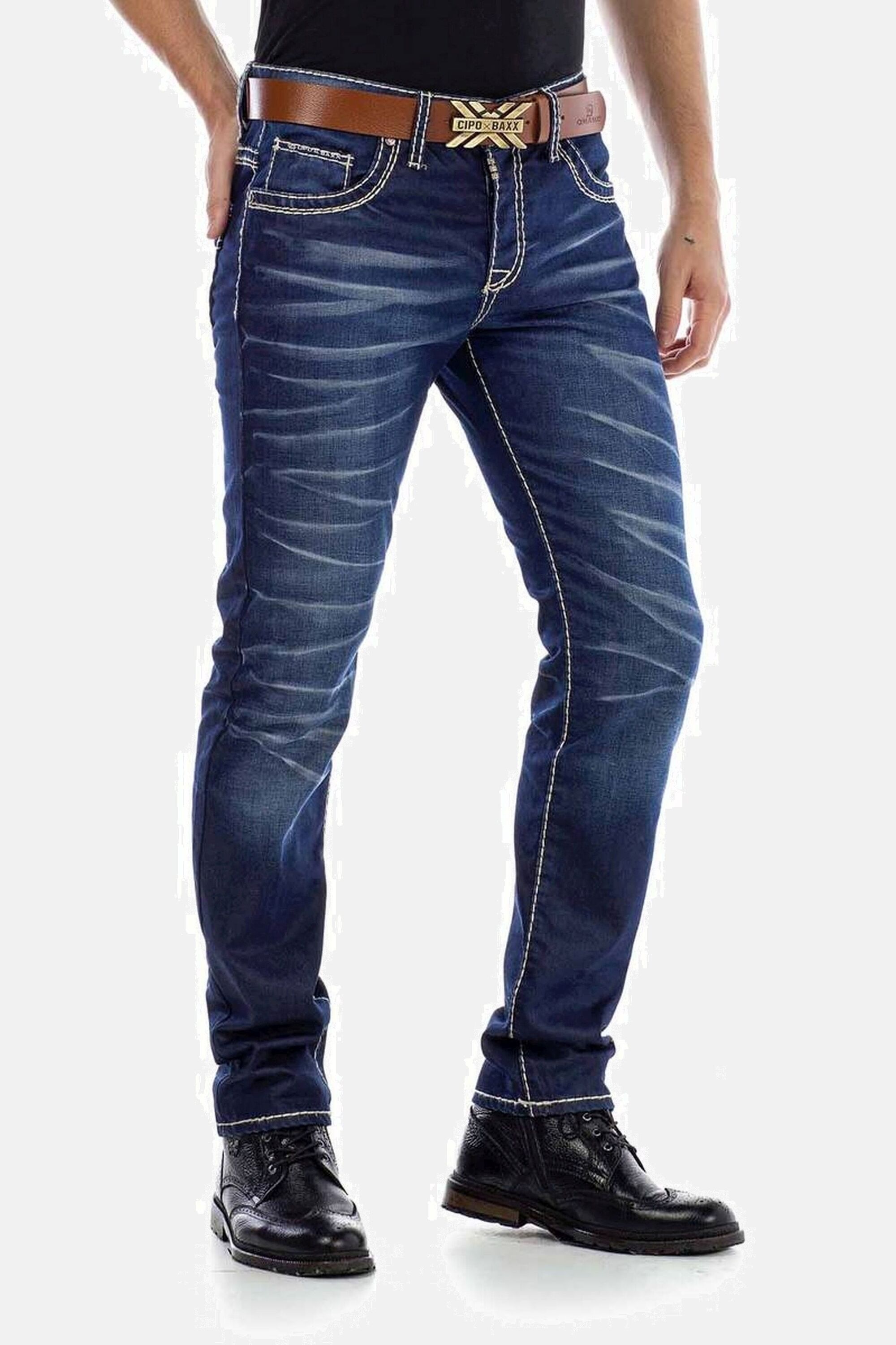 Slim-fit-Jeans CIPO & BAXX "Jeans", Herren, Gr. 36, Länge 34, blau (dunkelblau), 99% Baumwolle, 1% Elasthan, unifarben, slim fit lang, Jeans Slim-fit-Jeans, mit scharfen Waschdetails, CD-471 3