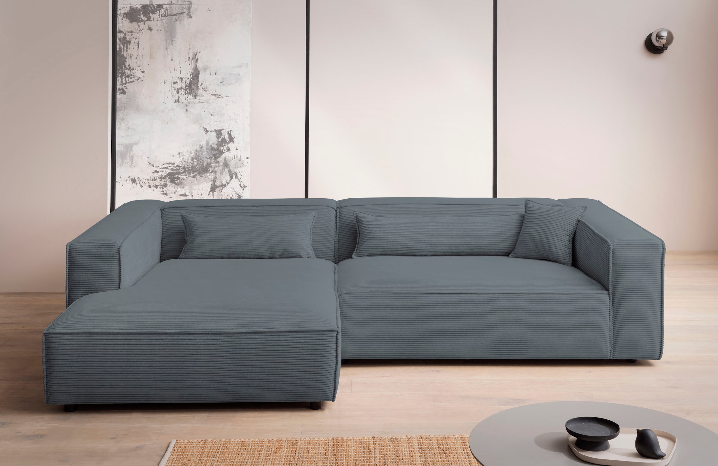 LeGer Home by Lena Gercke Ecksofa »PIARA XXL, Big-Sofa in Cord oder Leinenoptik, L-Form, mit Kedernaht«, wahlweise Ottomane rechts/links, schwarze Füße, extra tiefe Sitzfläche