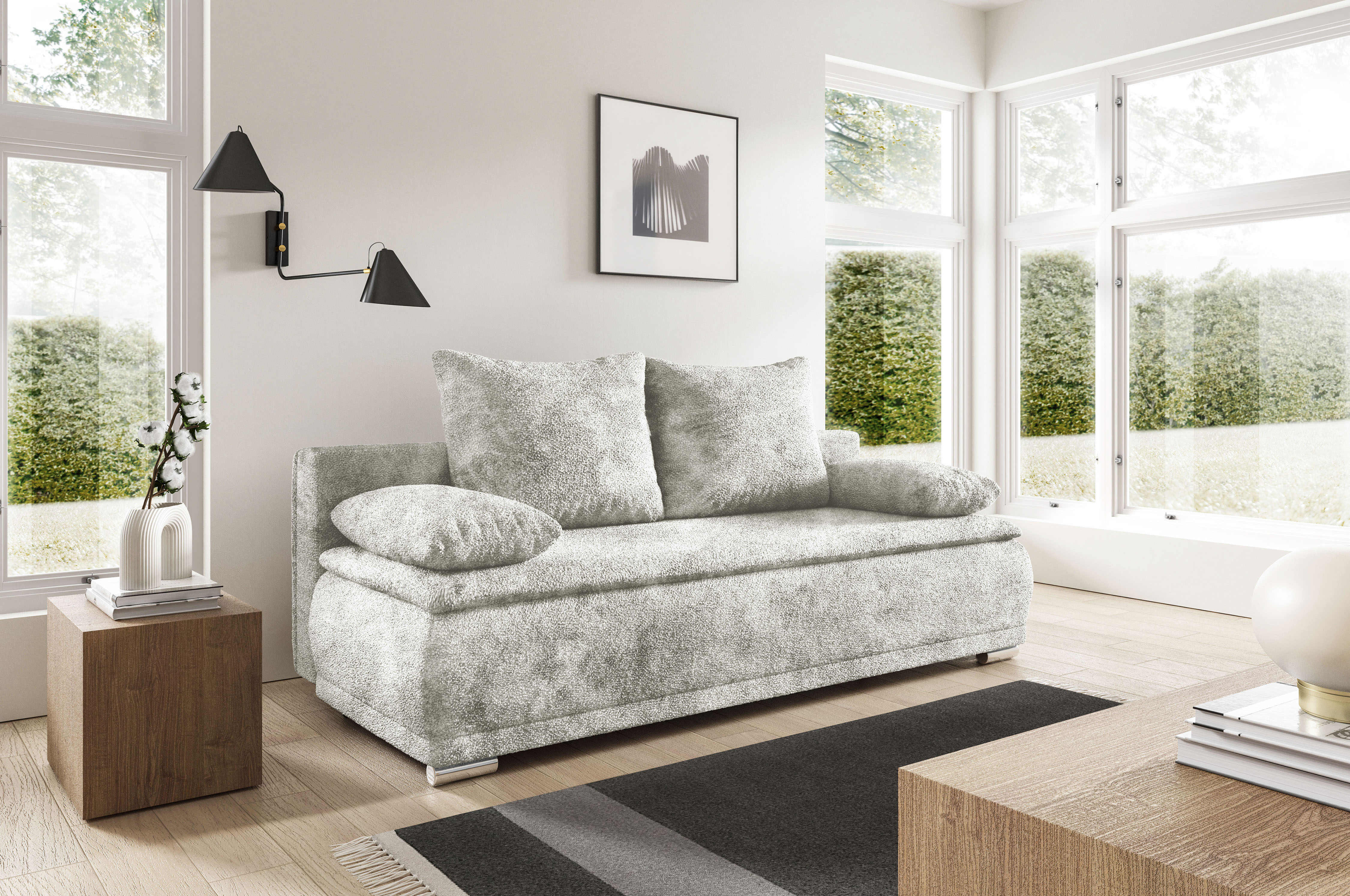 WERK2 Schlafsofa "Biggi 206 cm komfortabel und modern" Bouclé, Schlaffunktion, Bettkasten