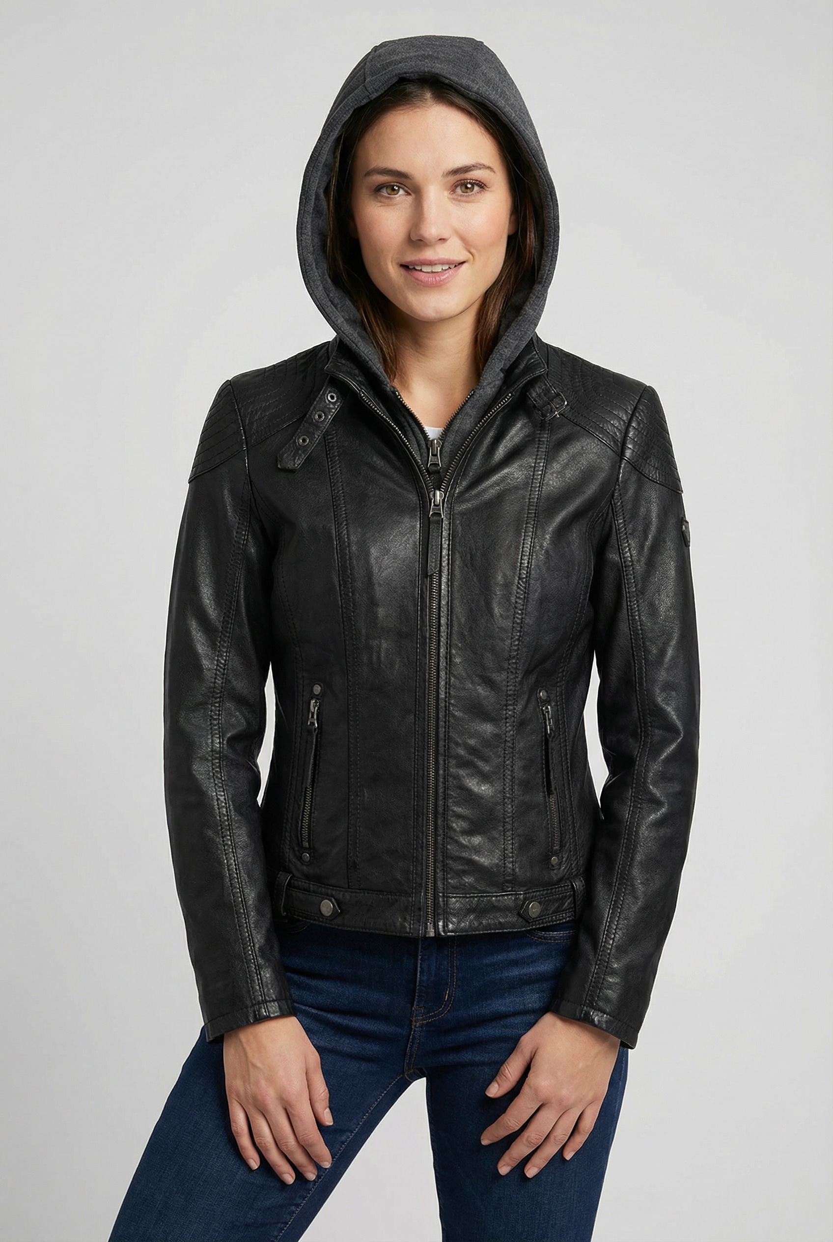 Mauritius Lederjacke "Cacey LEGV" mit Kapuze mti Kapuze, Reißverschluss, Zi günstig online kaufen