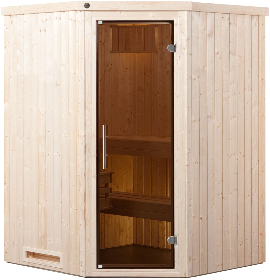 weka "Element-Ecksauna KIRUNA 1" vorgefertigte Elemente, moderne Ganzglastür, Eckeinstig